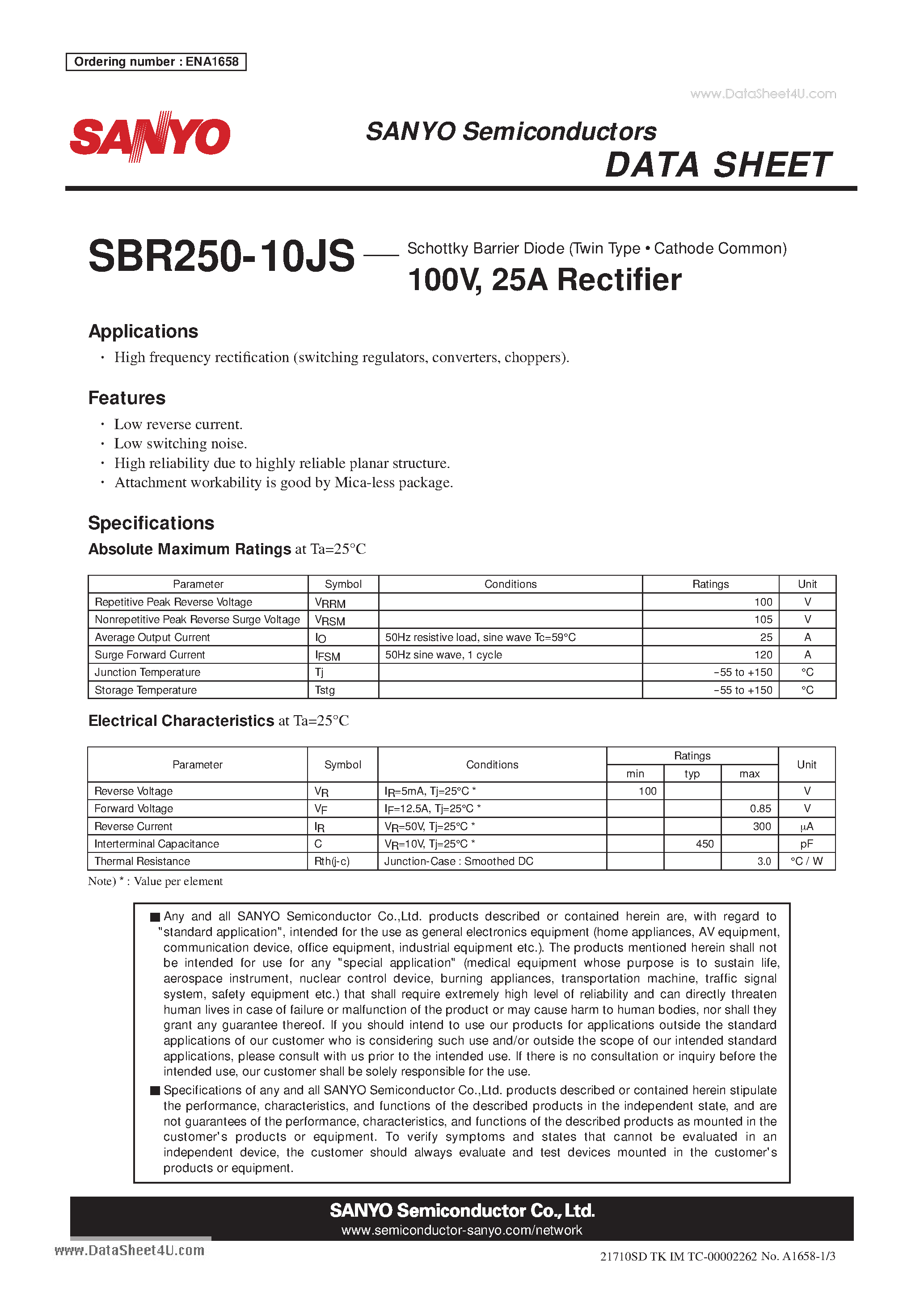 Datasheet SBR250-10JS - Schottky Barrier Diode 100V 25A Rectifier page 1