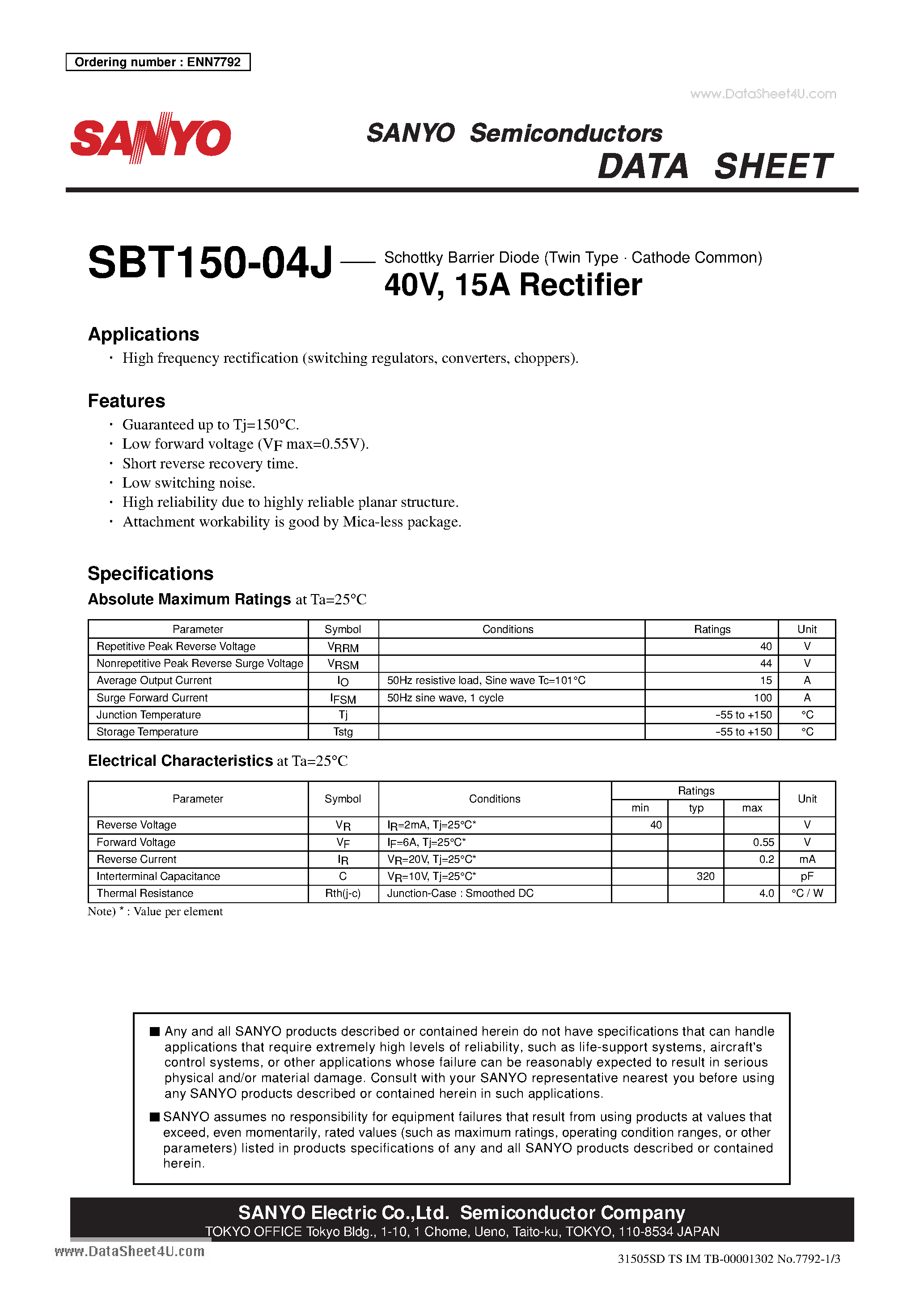 Datasheet SBT150-04J page 1 Datasheet SBT150-04J - Schottky Barrier Diode 40V 15A Rectifier page 1