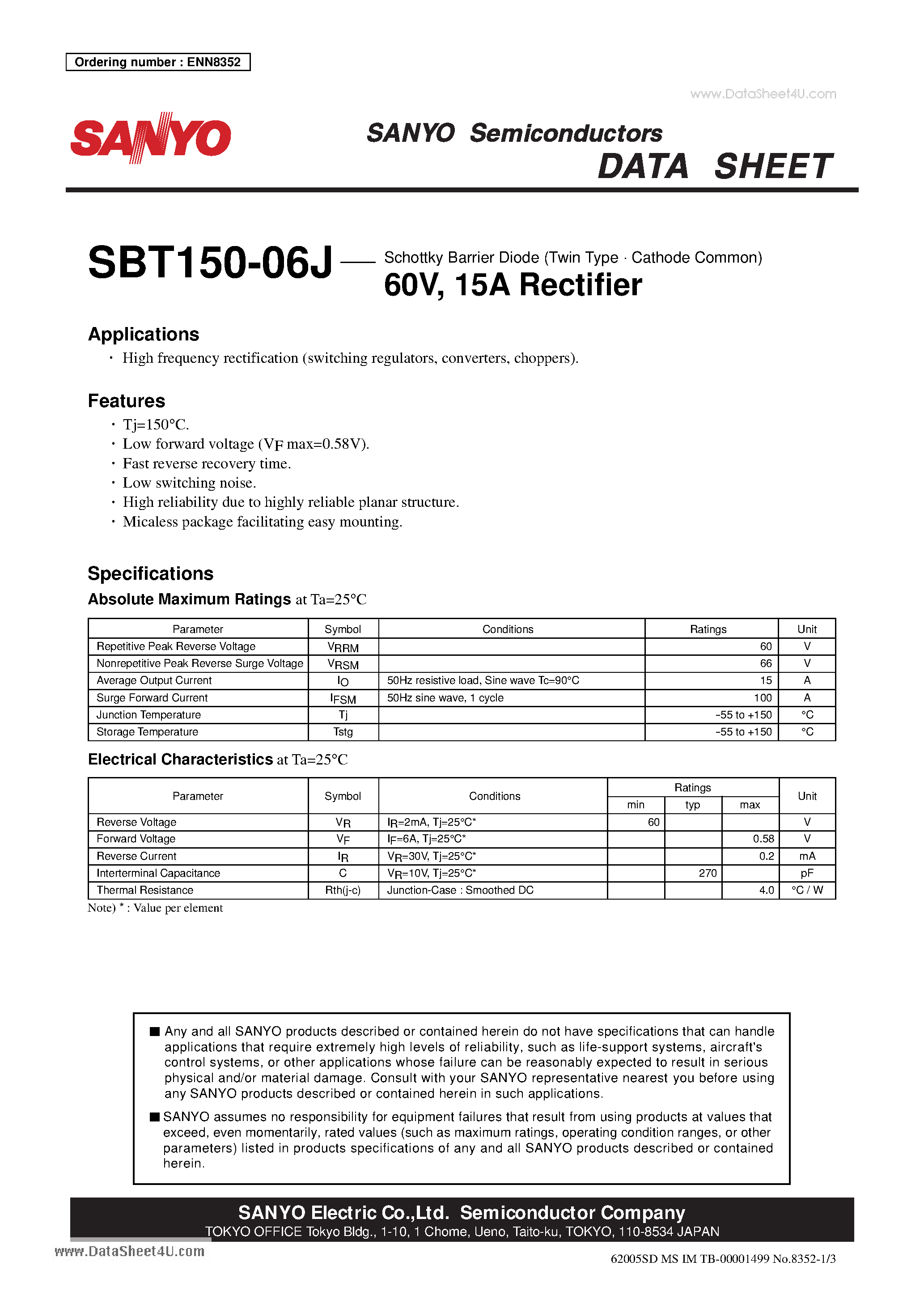 Datasheet SBT150-06J page 1 Datasheet SBT150-06J - Schottky Barrier Diode 60V 15A Rectifier page 1