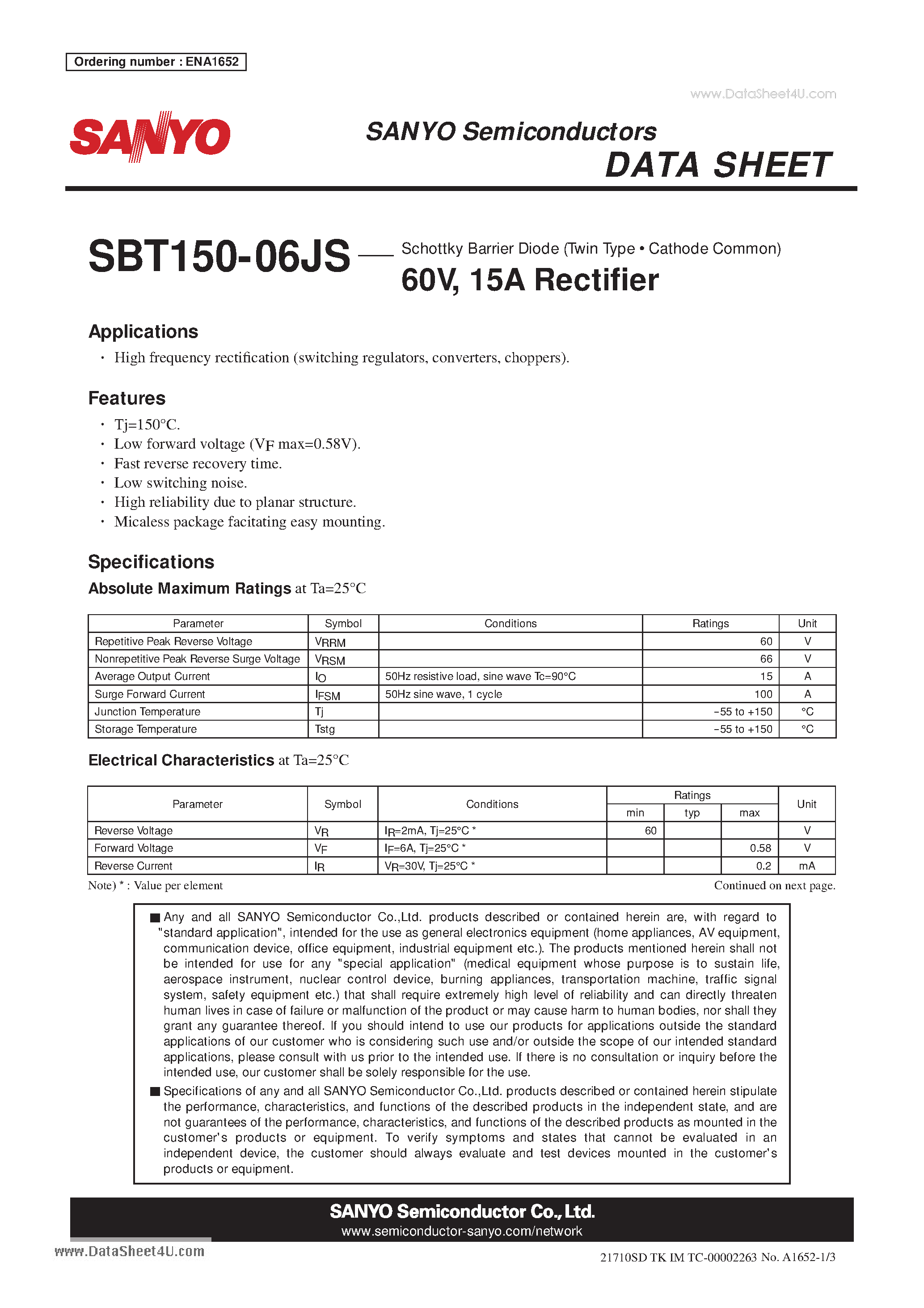 Datasheet SBT150-06JS page 1 Datasheet SBT150-06JS - Schottky Barrier Diode 60V 15A Rectifier page 1