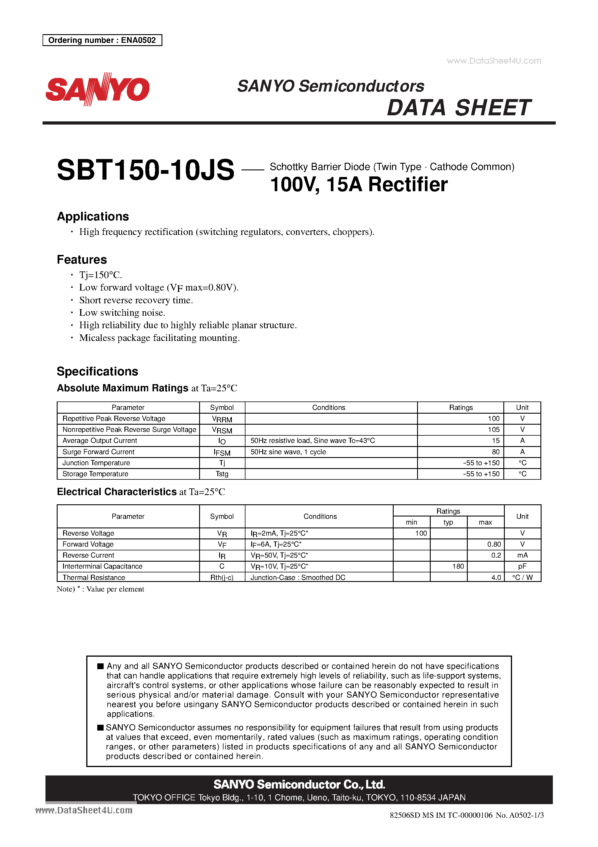 Datasheet SBT150-10JS page 1 Datasheet SBT150-10JS - Schottky Barrier Diode 100V 15A Rectifier page 1