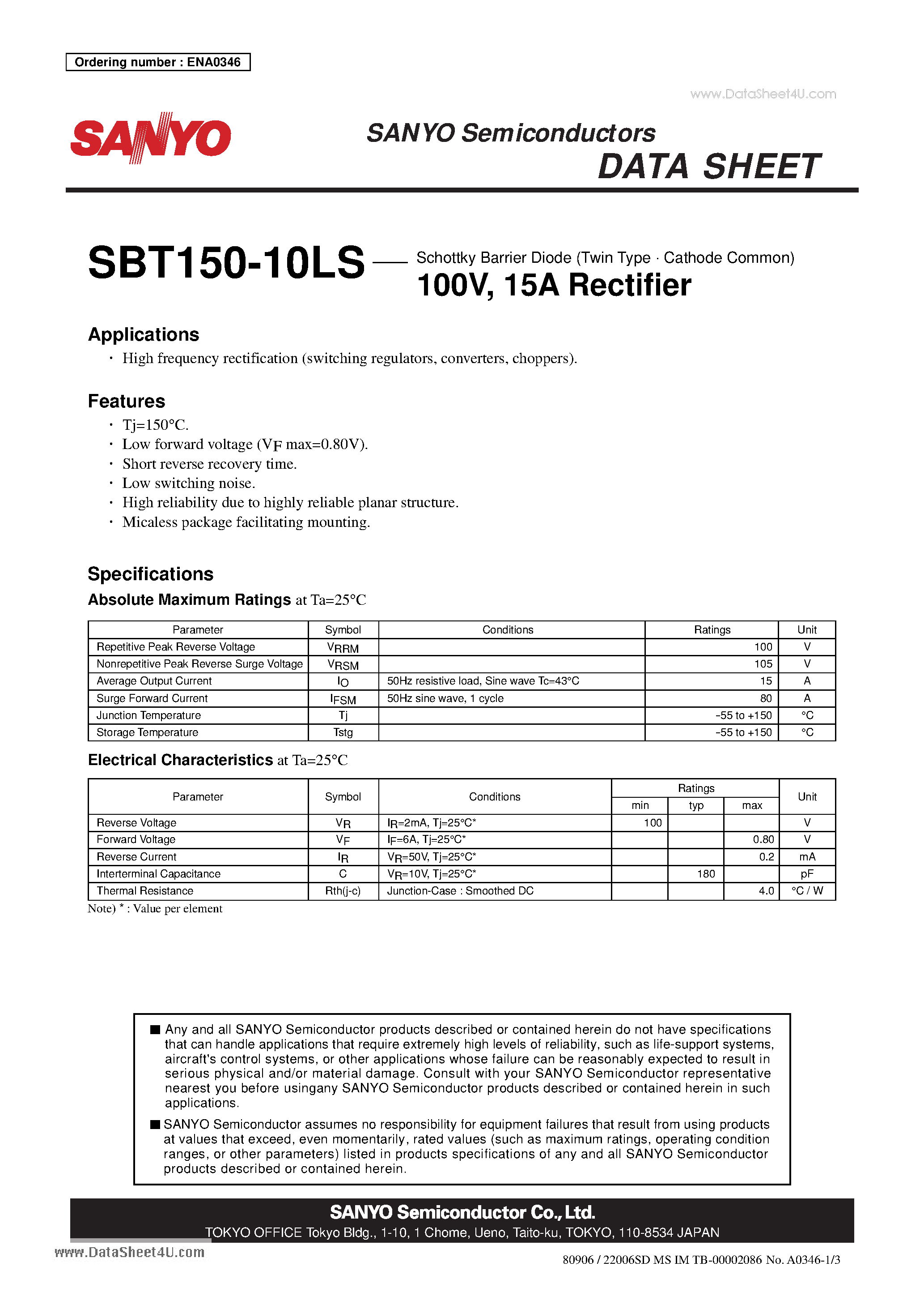 Datasheet SBT150-10LS page 1 Datasheet SBT150-10LS - Schottky Barrier Diode 100V 15A Rectifier page 1