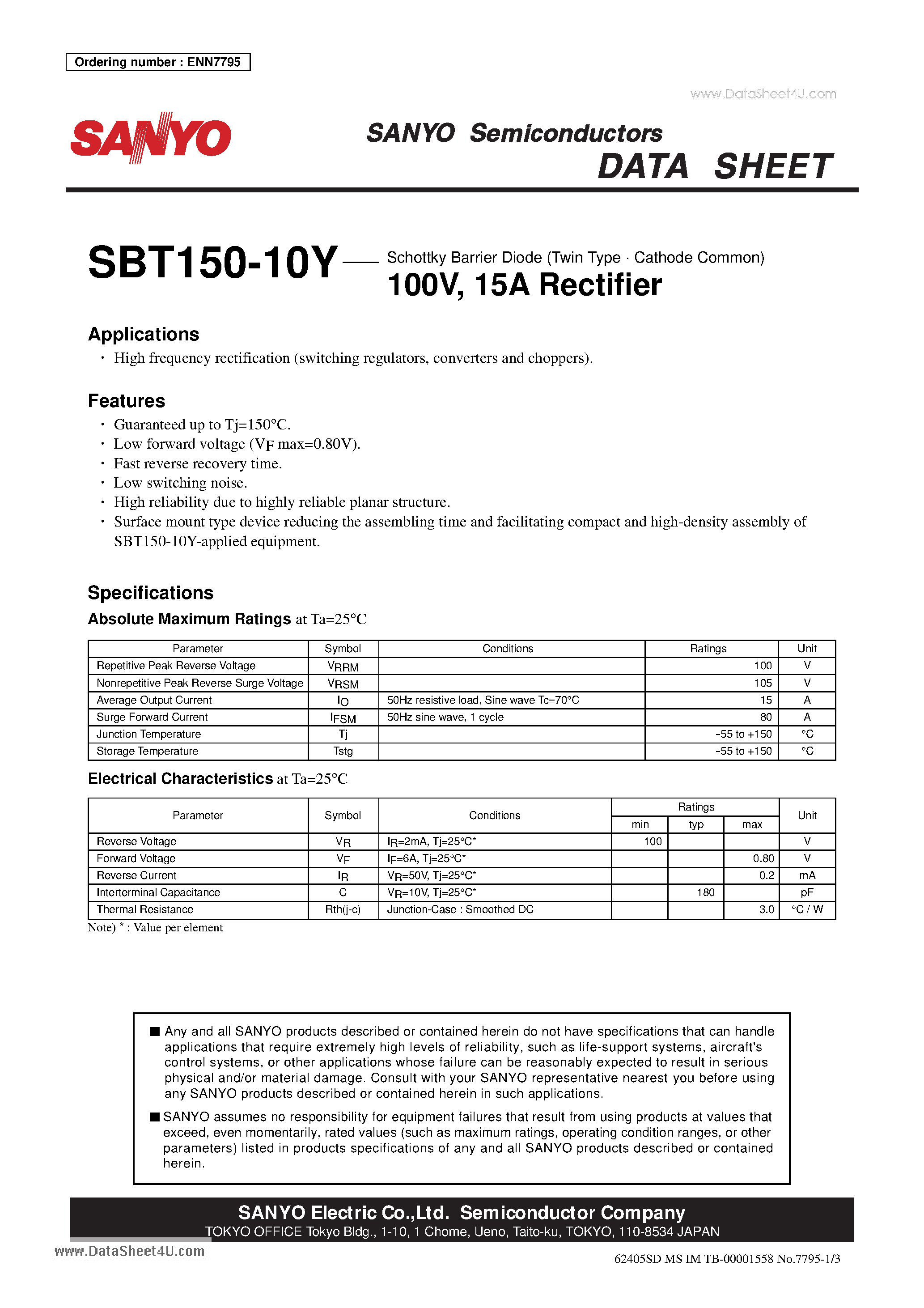Datasheet SBT150-10Y page 1 Datasheet SBT150-10Y - Schottky Barrier Diode 100V 15A Rectifier page 1