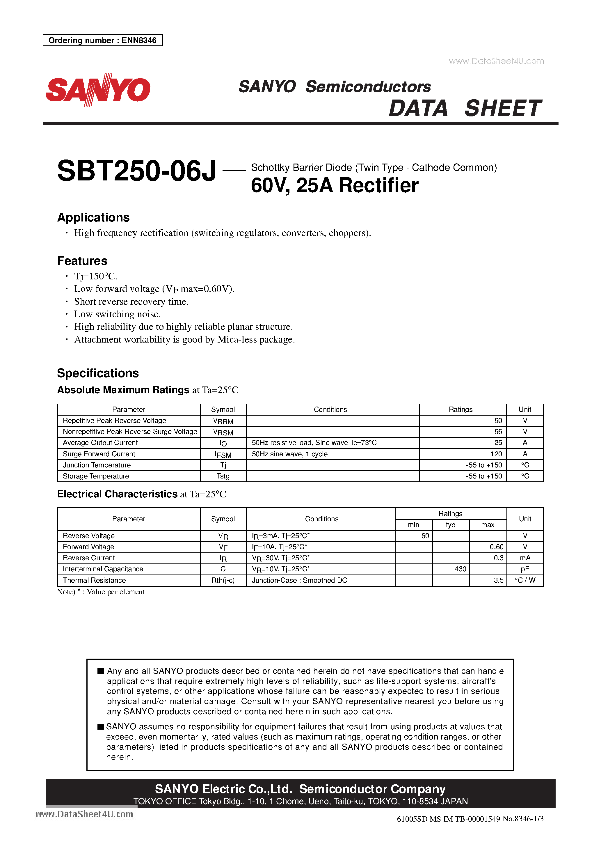 Datasheet SBT250-06J page 1 Datasheet SBT250-06J - Schottky Barrier Diode 60V 25A Rectifier page 1