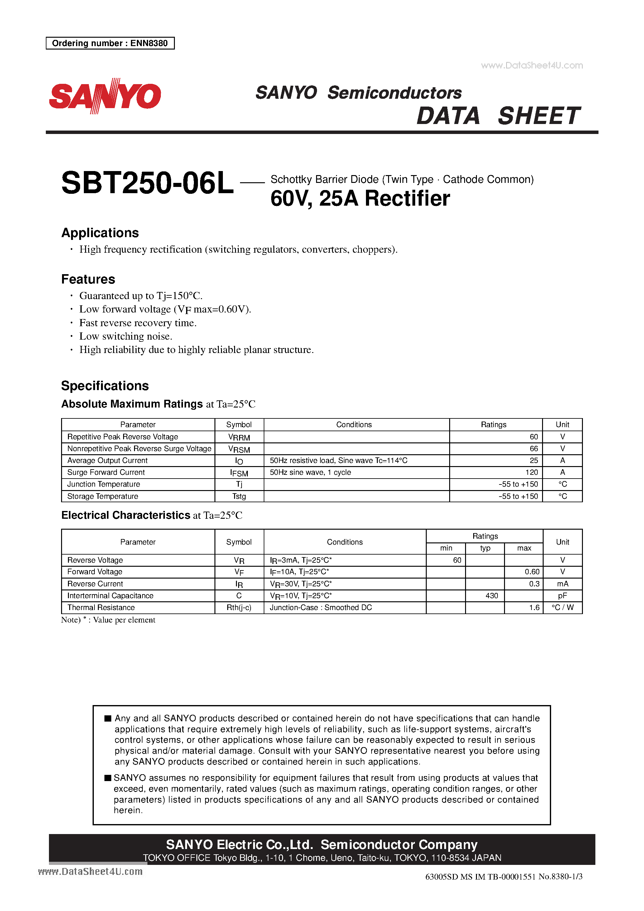 Datasheet SBT250-06L page 1 Datasheet SBT250-06L - Schottky Barrier Diode 60V 25A Rectifier page 1