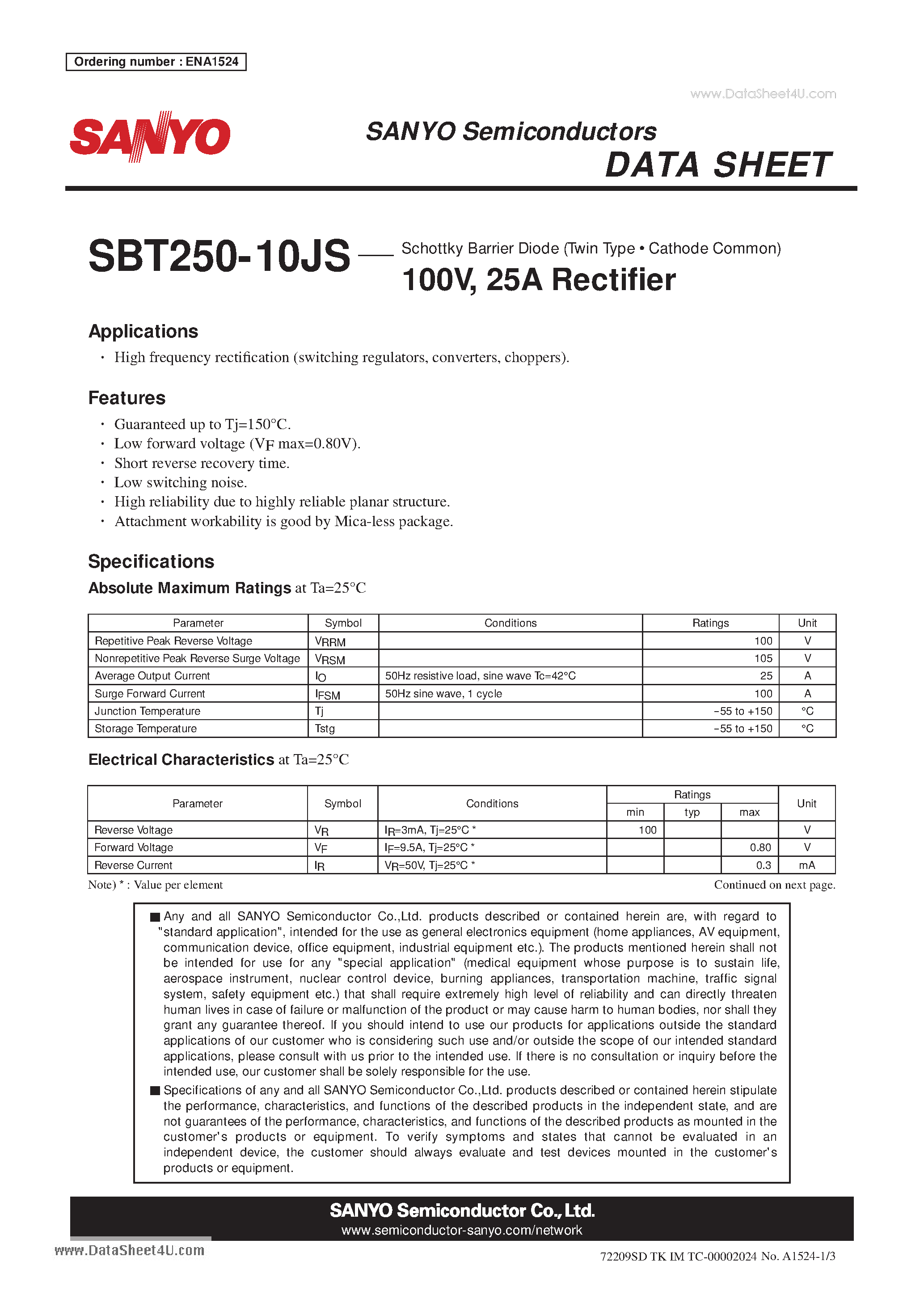 Datasheet SBT250-10JS page 1 Datasheet SBT250-10JS - 100V 25A Rectifi er page 1
