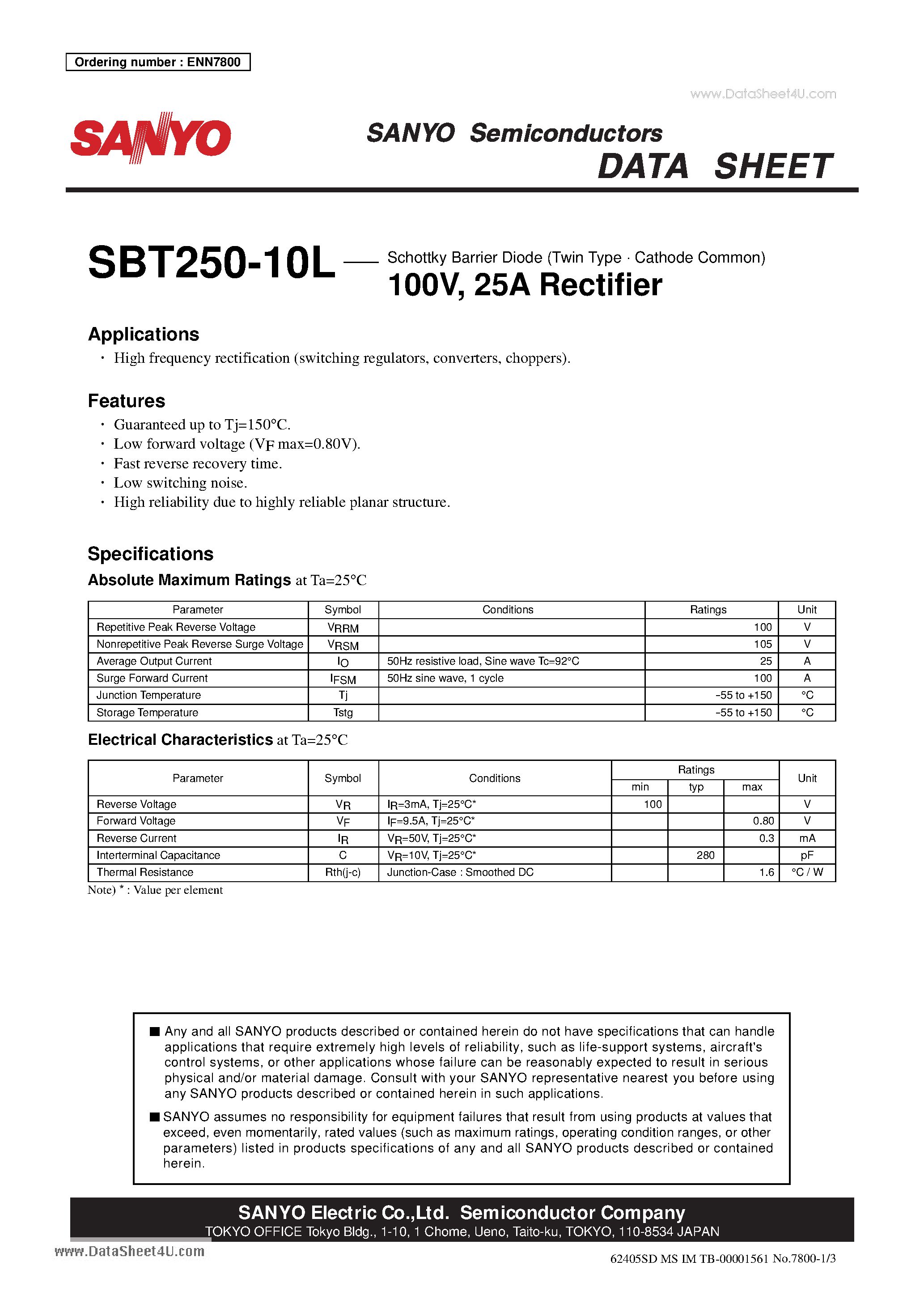 Datasheet SBT250-10L page 1 Datasheet SBT250-10L - Schottky Barrier Diode 100V 25A Rectifier page 1