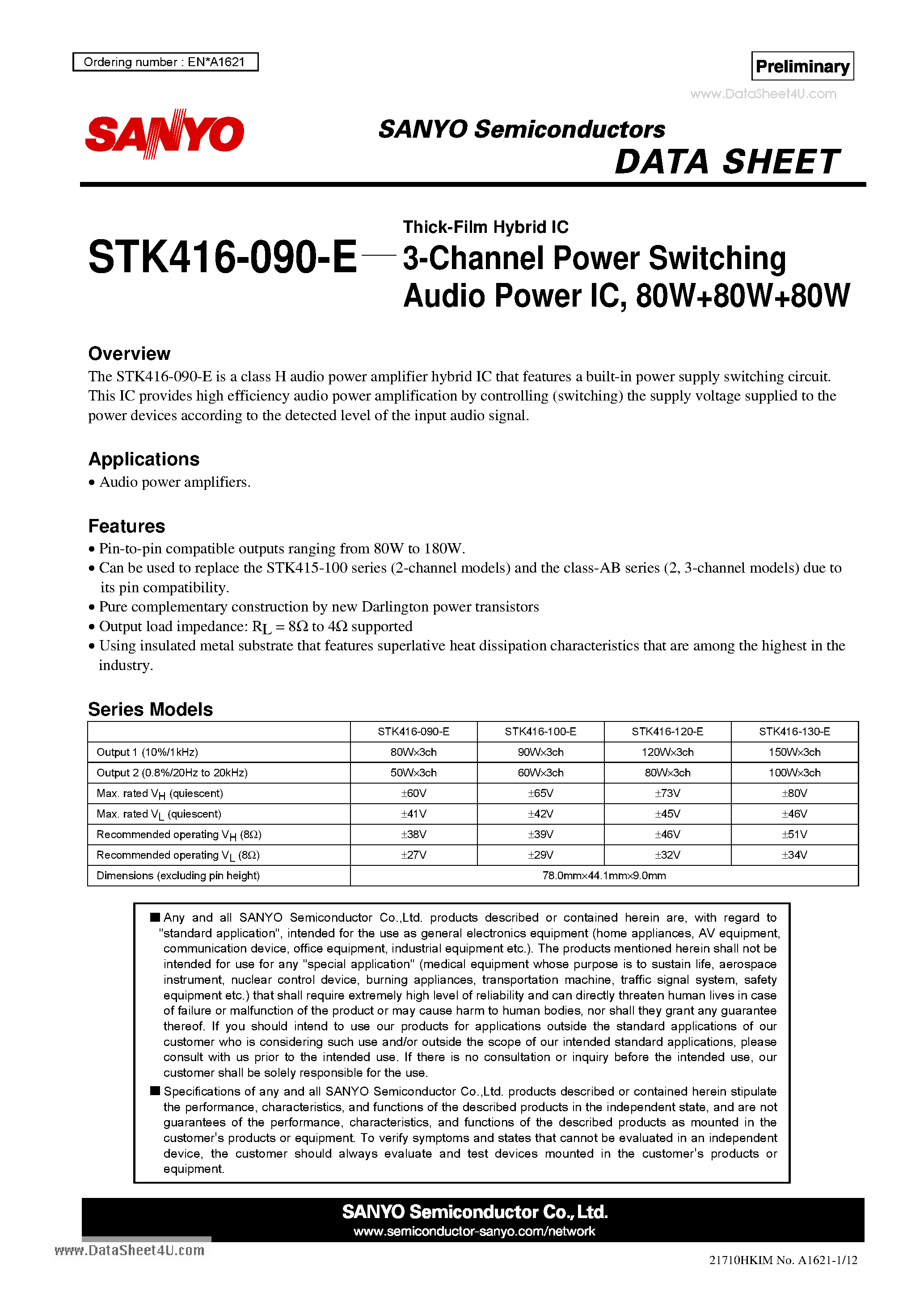 Даташит STK416-090-E - Thick-Film Hybrid IC 3-Channel Power Switching Audio Power IC 80W80W80W страница 1