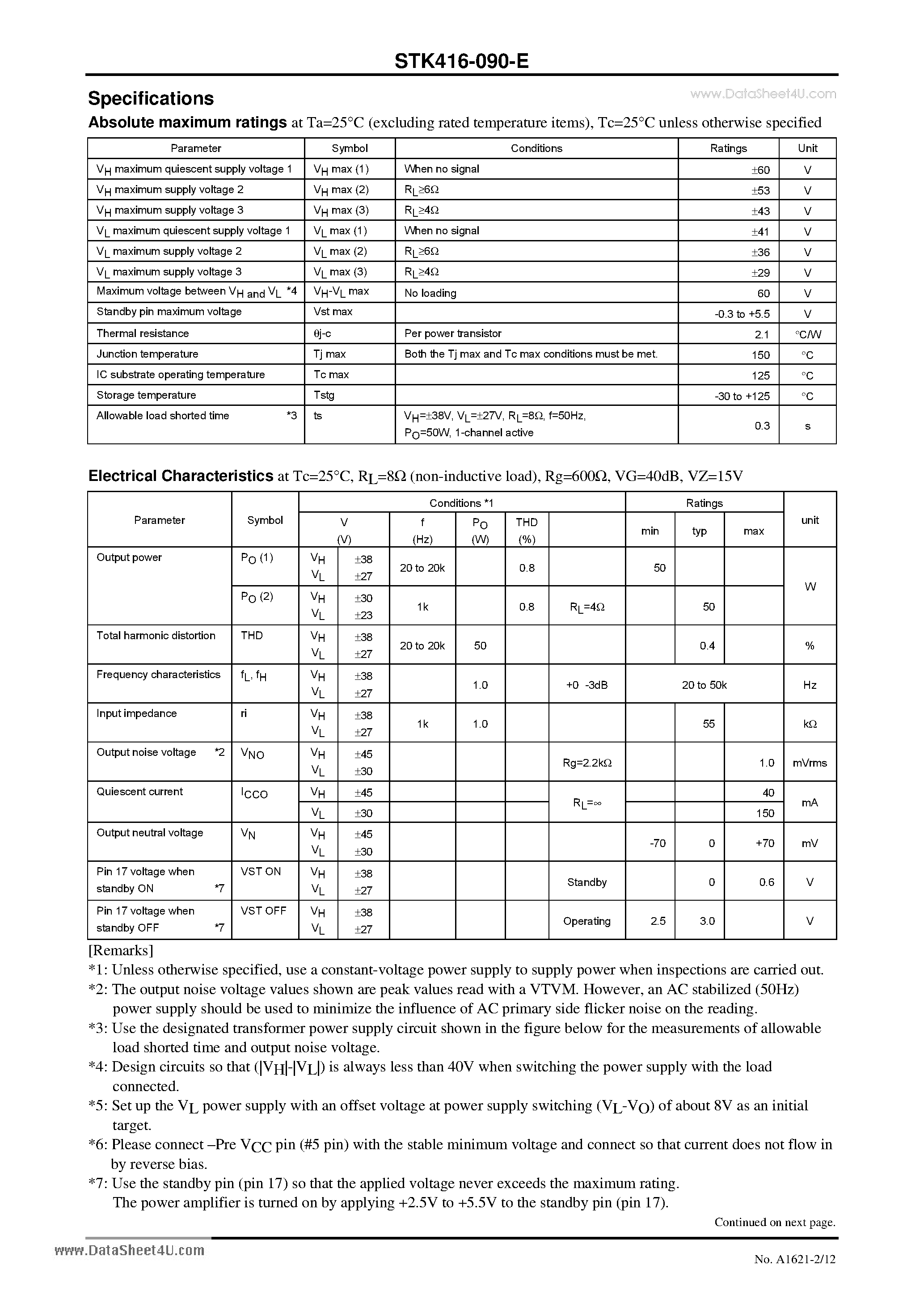 Даташит STK416-090-E - Thick-Film Hybrid IC 3-Channel Power Switching Audio Power IC 80W80W80W страница 2