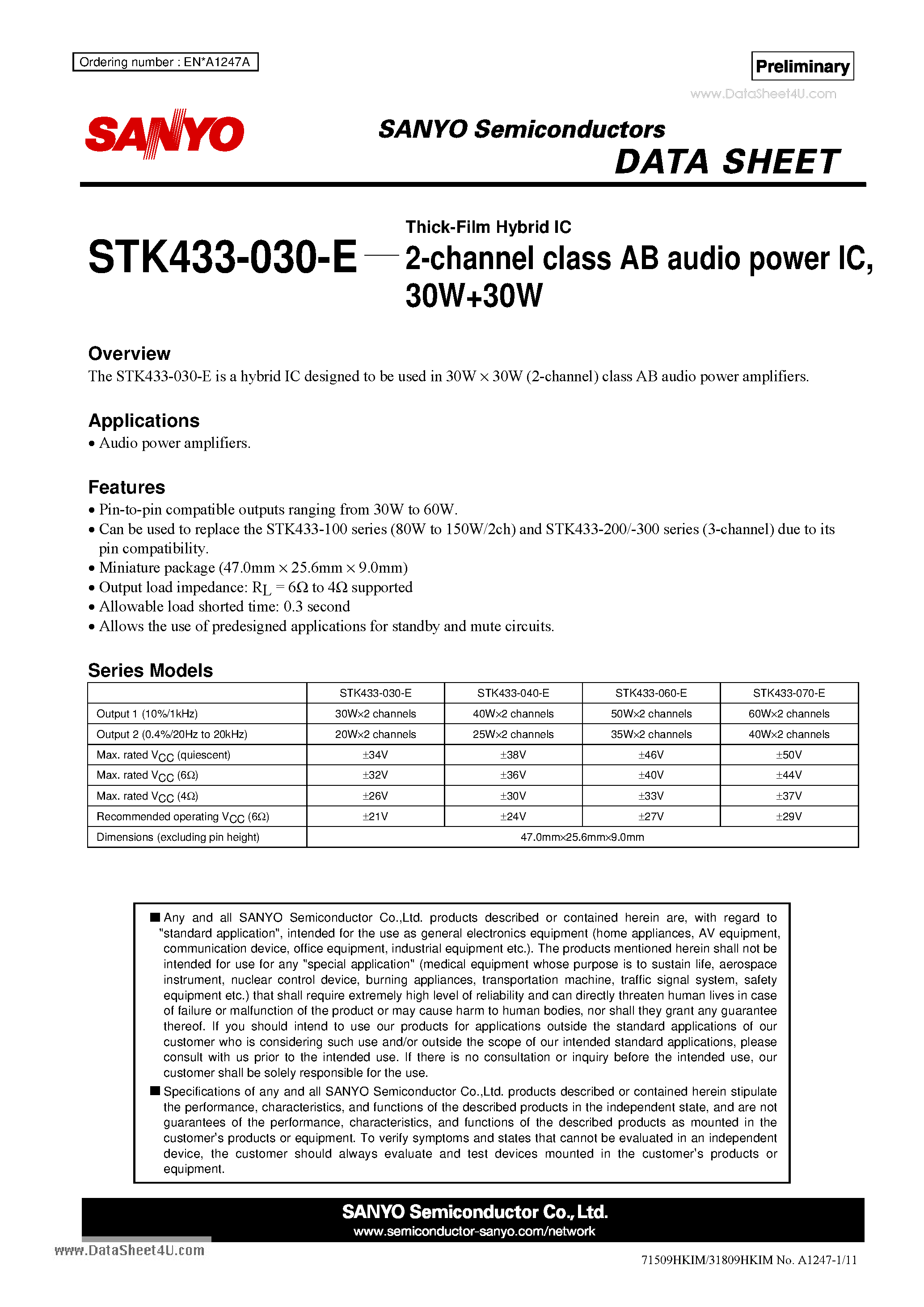 Datasheet STK433-030-E - 2-channel class AB audio power IC 30W+30W page 1