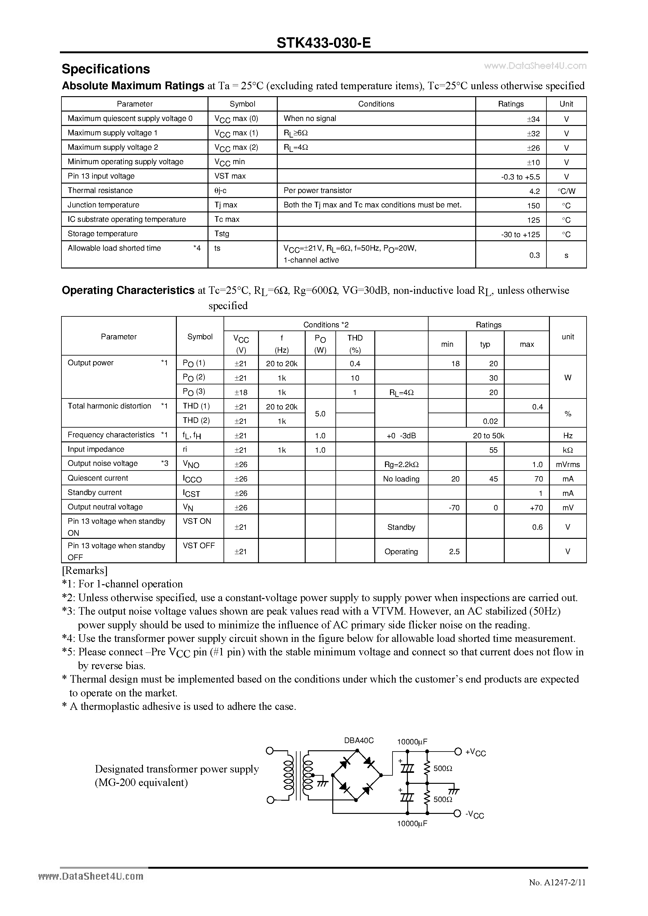 Datasheet STK433-030-E - 2-channel class AB audio power IC 30W+30W page 2
