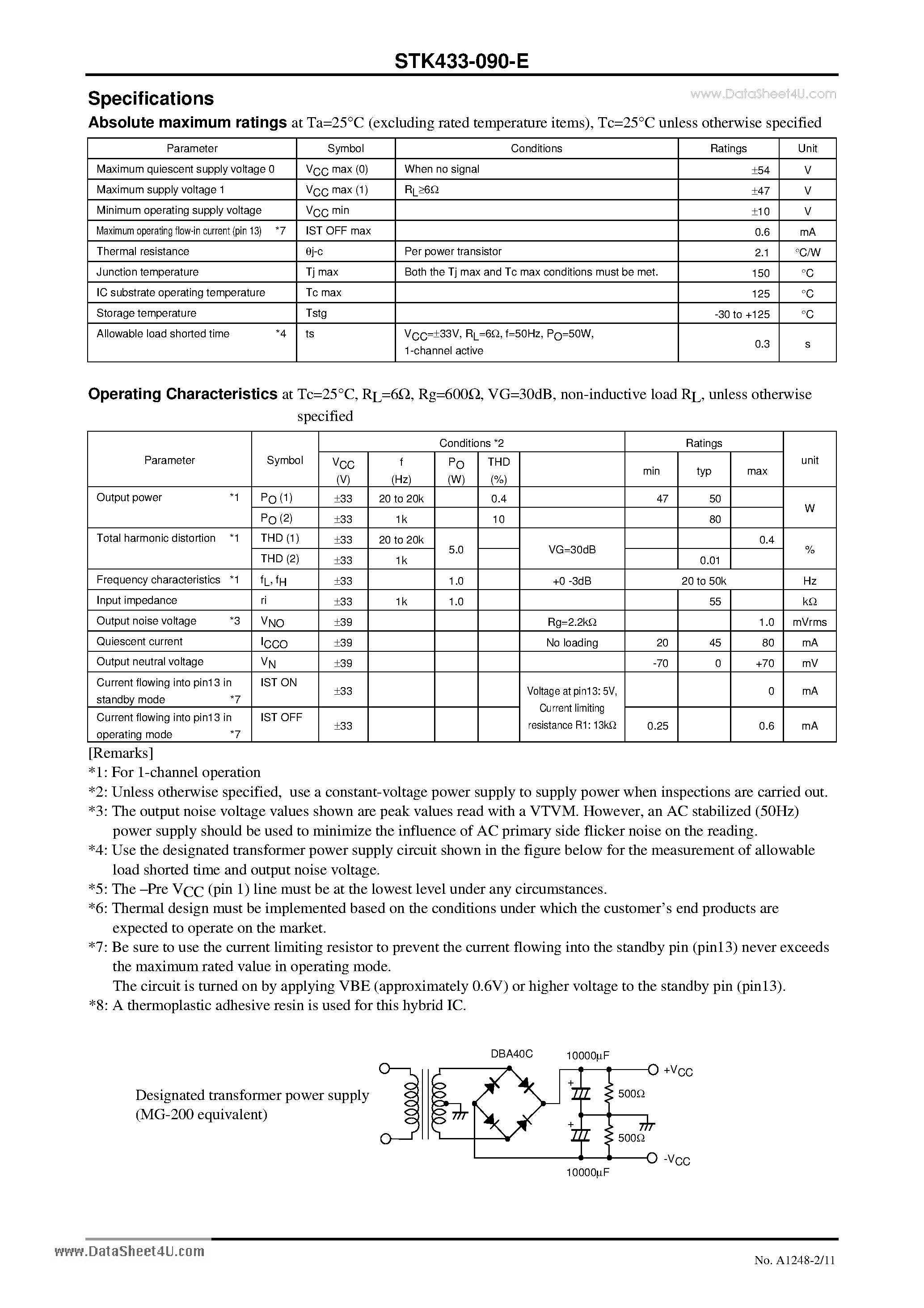 Datasheet STK433-090-E - 2-channel class AB audio power IC 80W+80W page 2