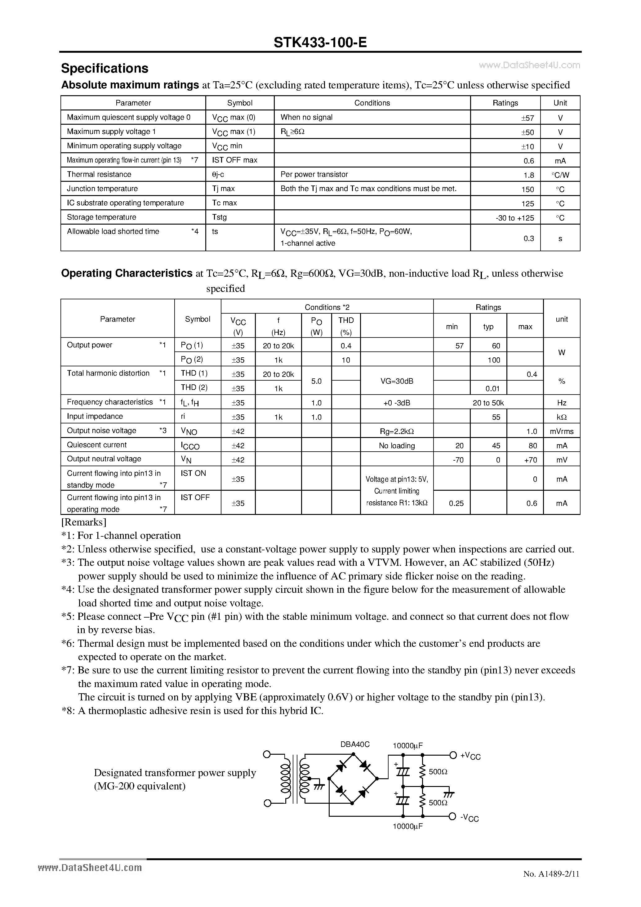 Даташит на микросхему STK433-100-E страница 2 Даташит STK433-100-E - Thick-Film Hybrid IC 2-channel class AB audio power IC 100W100W страница 2