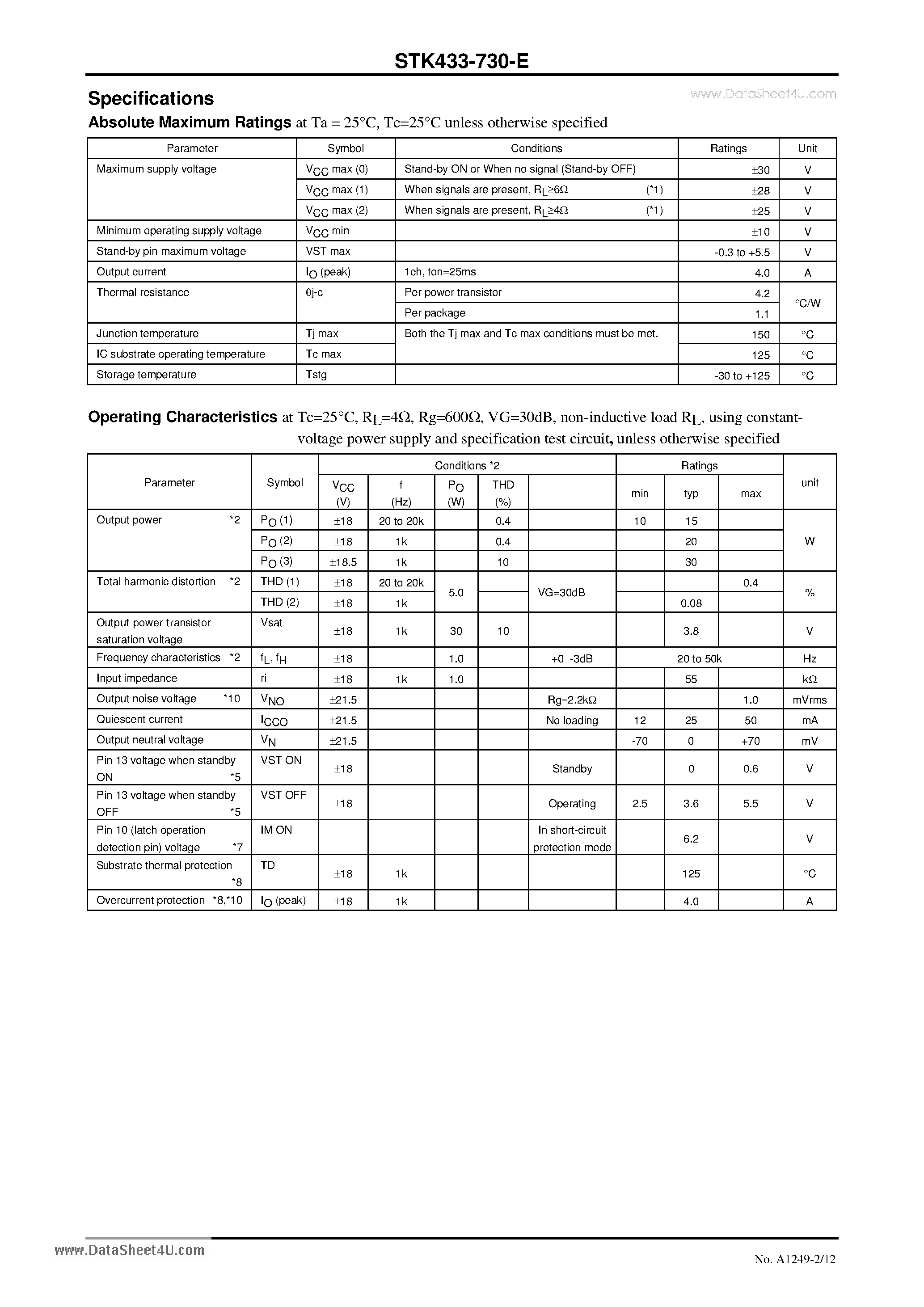 Datasheet STK433-730-E - 2-channel class AB audio power IC 30W+30W page 2