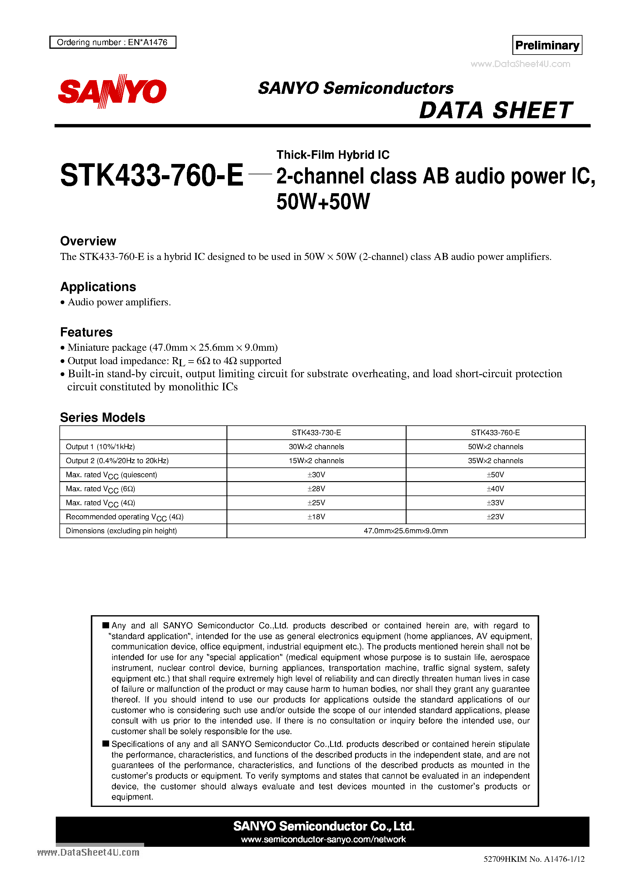 Datasheet STK433-760-E page 1 Datasheet STK433-760-E - 2-channel class AB audio power IC 50W+50W page 1