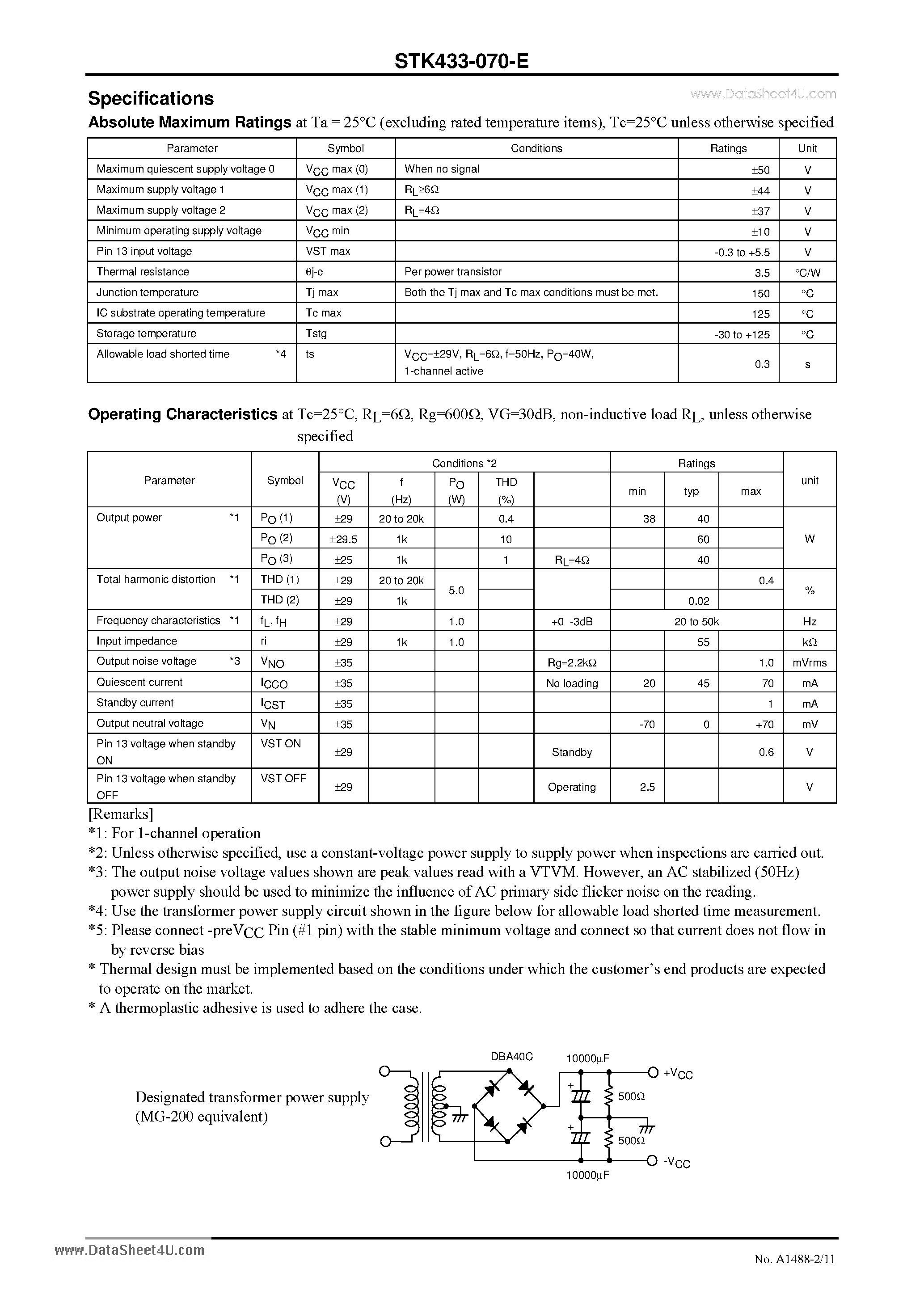 Даташит на микросхему STK433-070-E страница 2 Даташит STK433-070-E - Thick-Film Hybrid IC 2-channel class AB audio power IC 60W+60W страница 2
