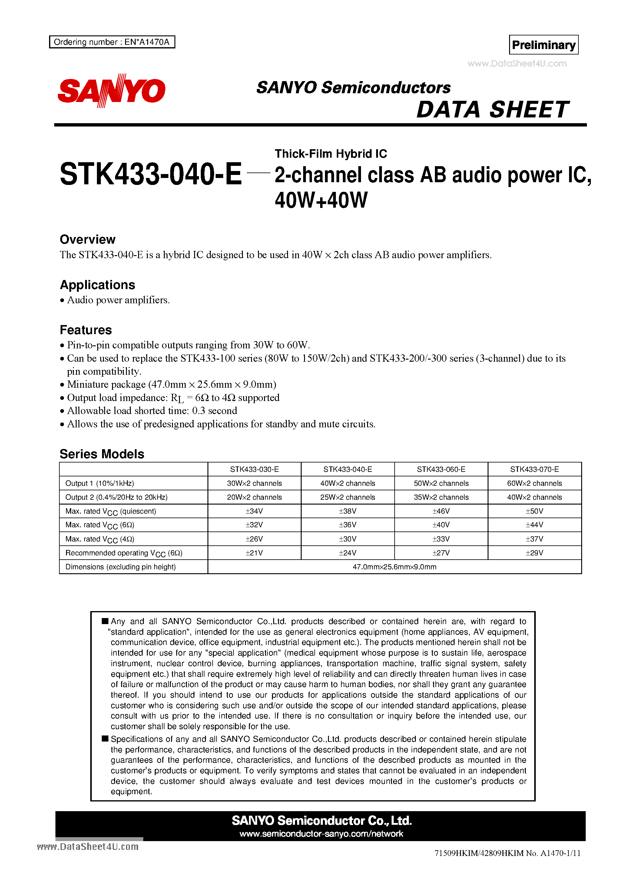 Даташит на микросхему STK433-040-E страница 1 Даташит STK433-040-E - 2-channel class AB audio power IC 40W+40W страница 1