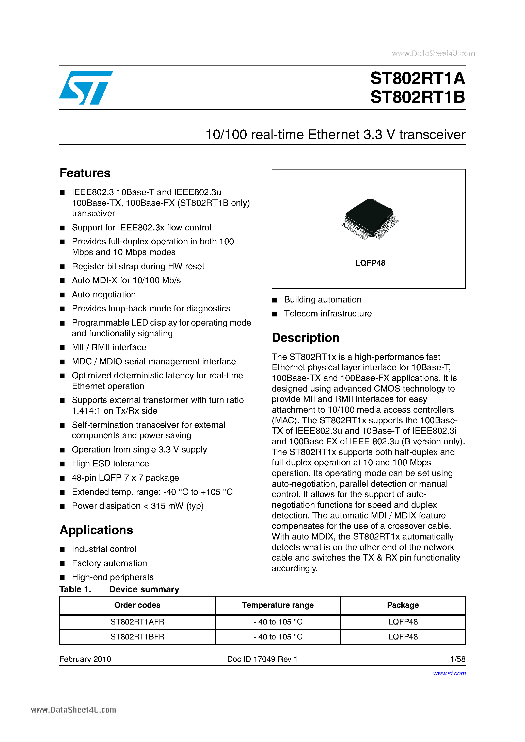 Datasheet ST802RT1A page 1 Datasheet ST802RT1A - 10/100 Real-time Ethernet 3.3 V Transceiver page 1