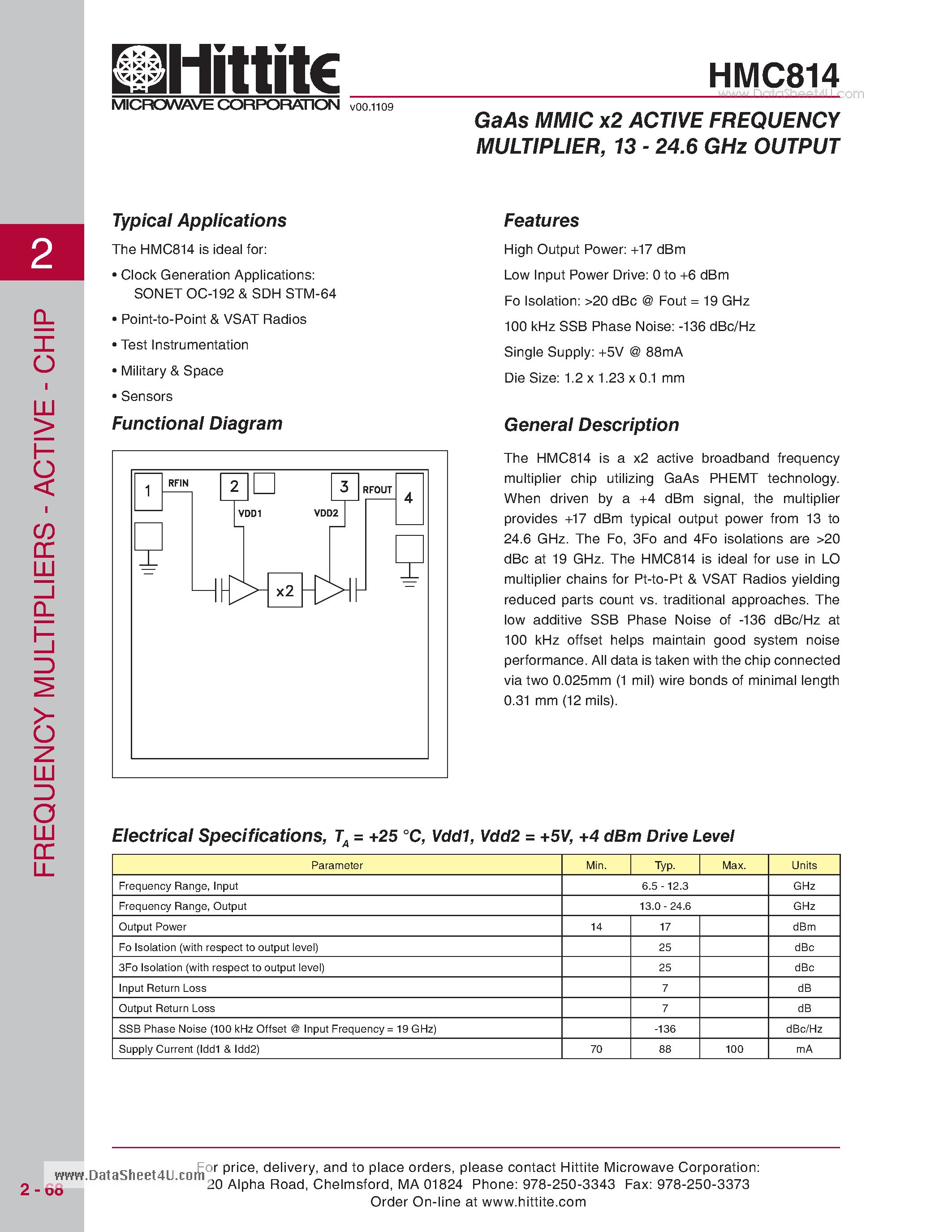 Даташит HMC814 - GaAs MMIC x2 ACTIVE FREQUENCY MULTIPLIER страница 1