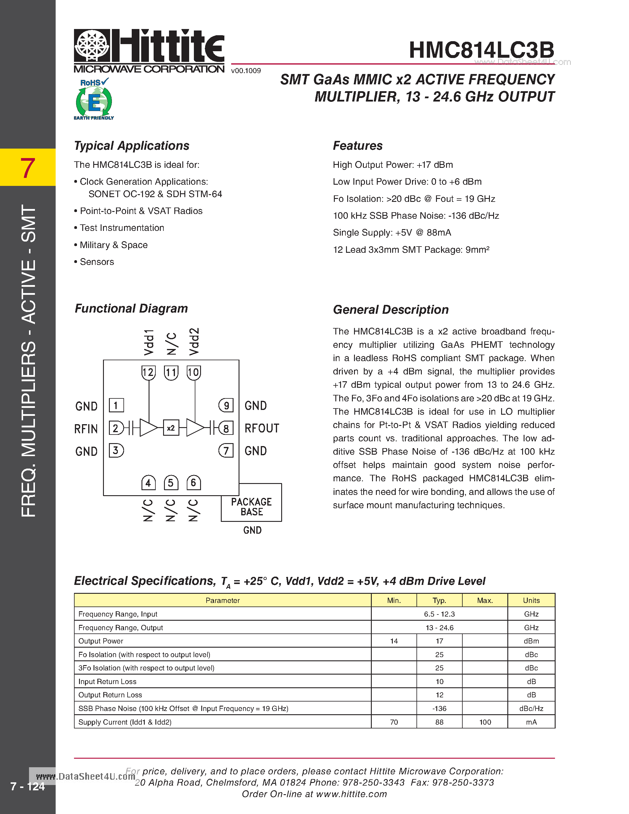 Даташит HMC814LC3B - X2 Active Multiplier SMT страница 1