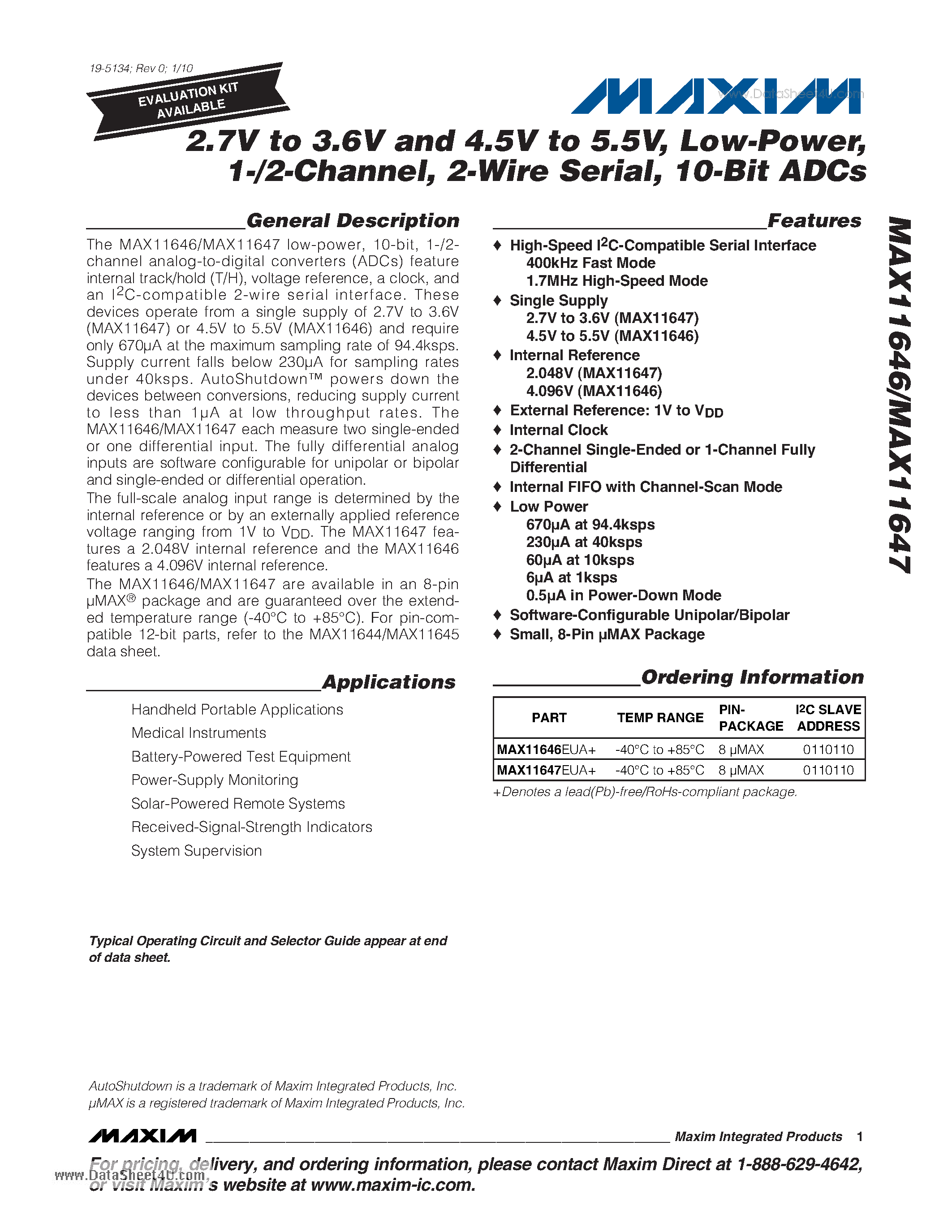 Datasheet MAX11646 - (MAX11646 / MAX11647) 10-Bit ADC page 1