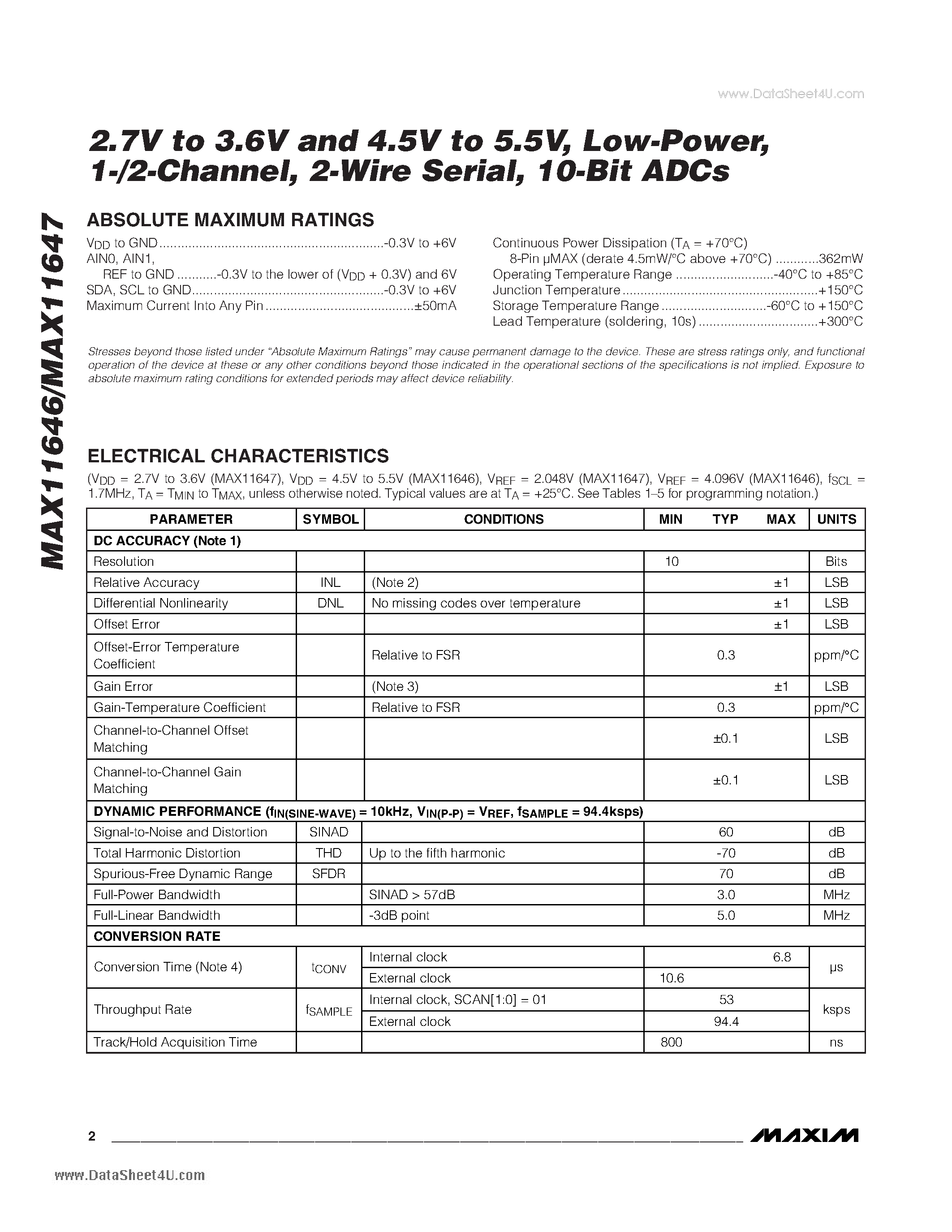 Datasheet MAX11646 - (MAX11646 / MAX11647) 10-Bit ADC page 2