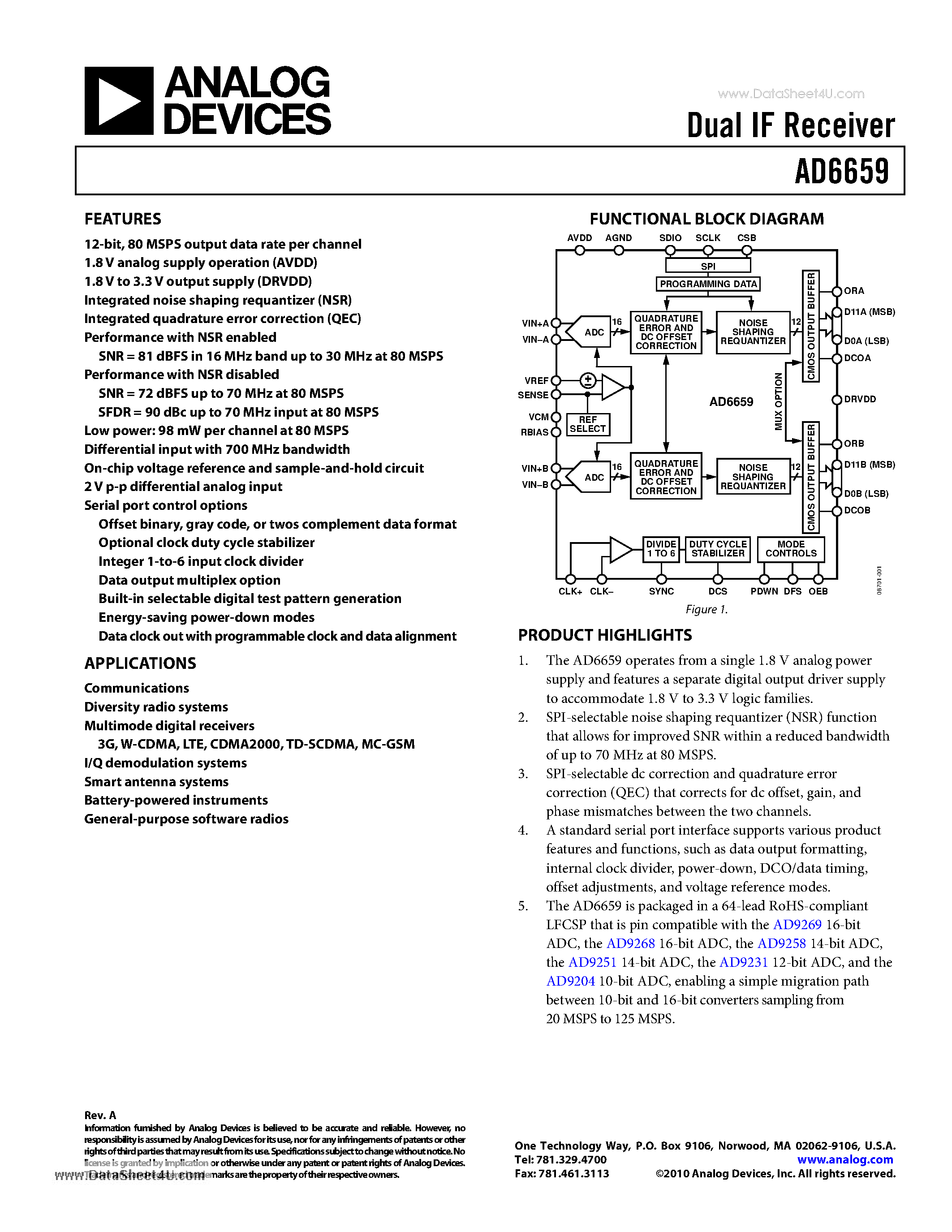 Даташит на микросхему AD6659 страница 1 Даташит AD6659 - Dual IF Receiver страница 1
