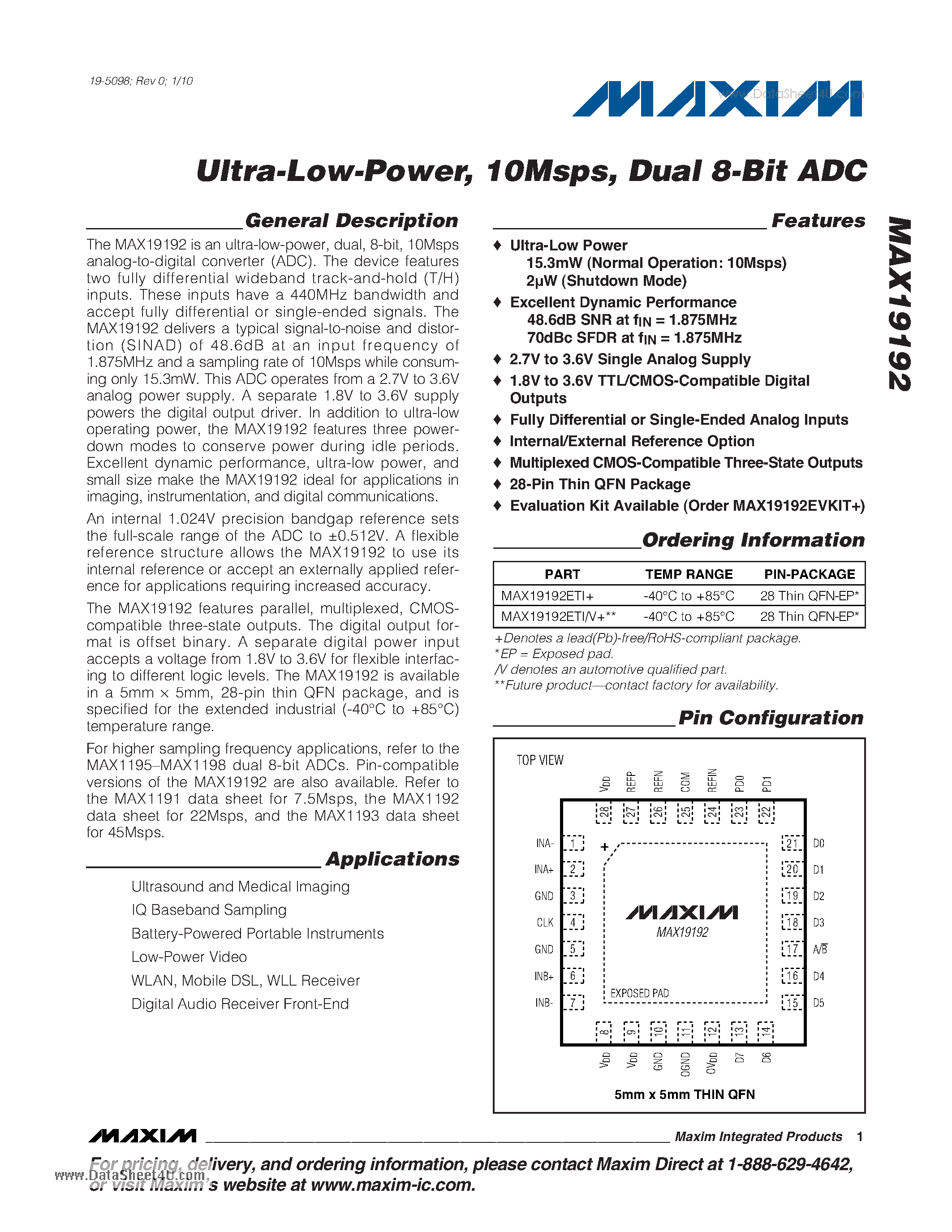 Datasheet MAX19192 - Dual 8-Bit ADC page 1