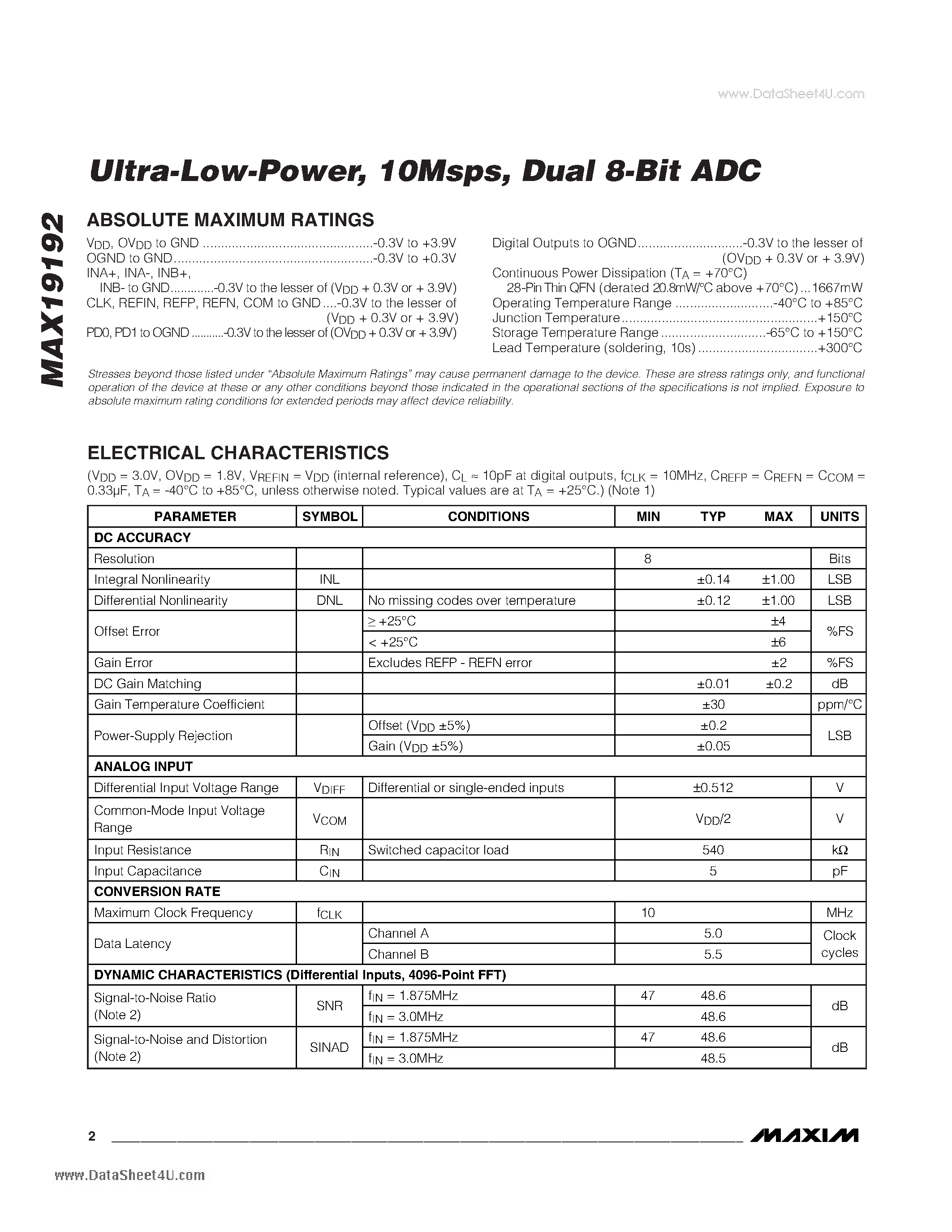 Datasheet MAX19192 - Dual 8-Bit ADC page 2