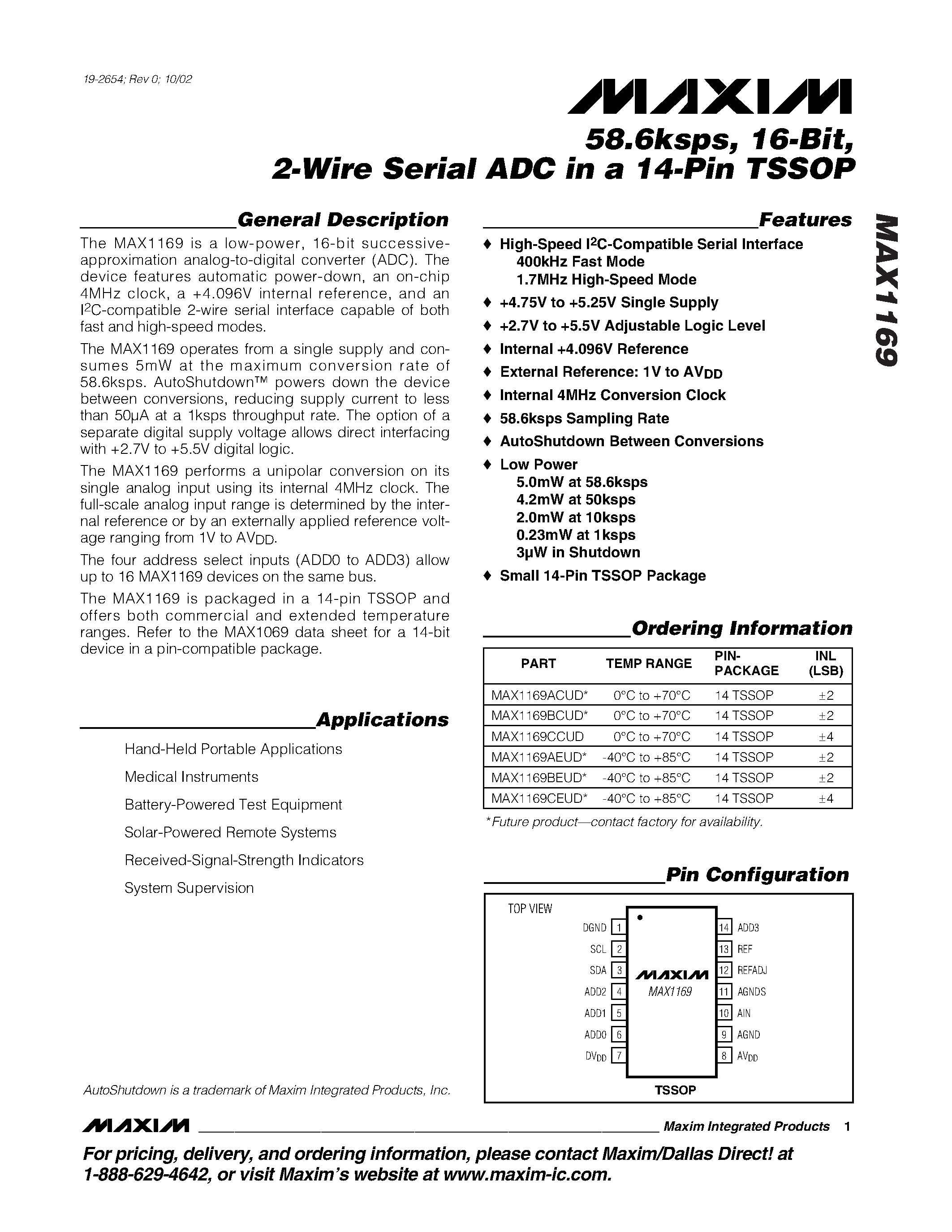Datasheet MAX1169 - 58.6ksps / 16-Bit / 2-Wire Serial ADC in a 14-Pin TSSOP page 1