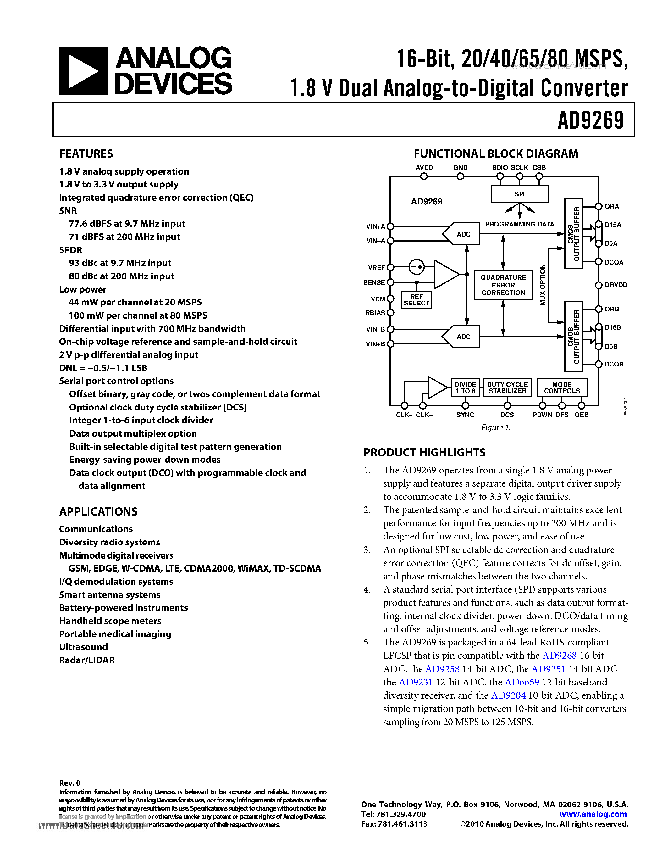 Datasheet AD9269 page 1 Datasheet AD9269 - 1.8 V Dual Analog-to-Digital Converter page 1