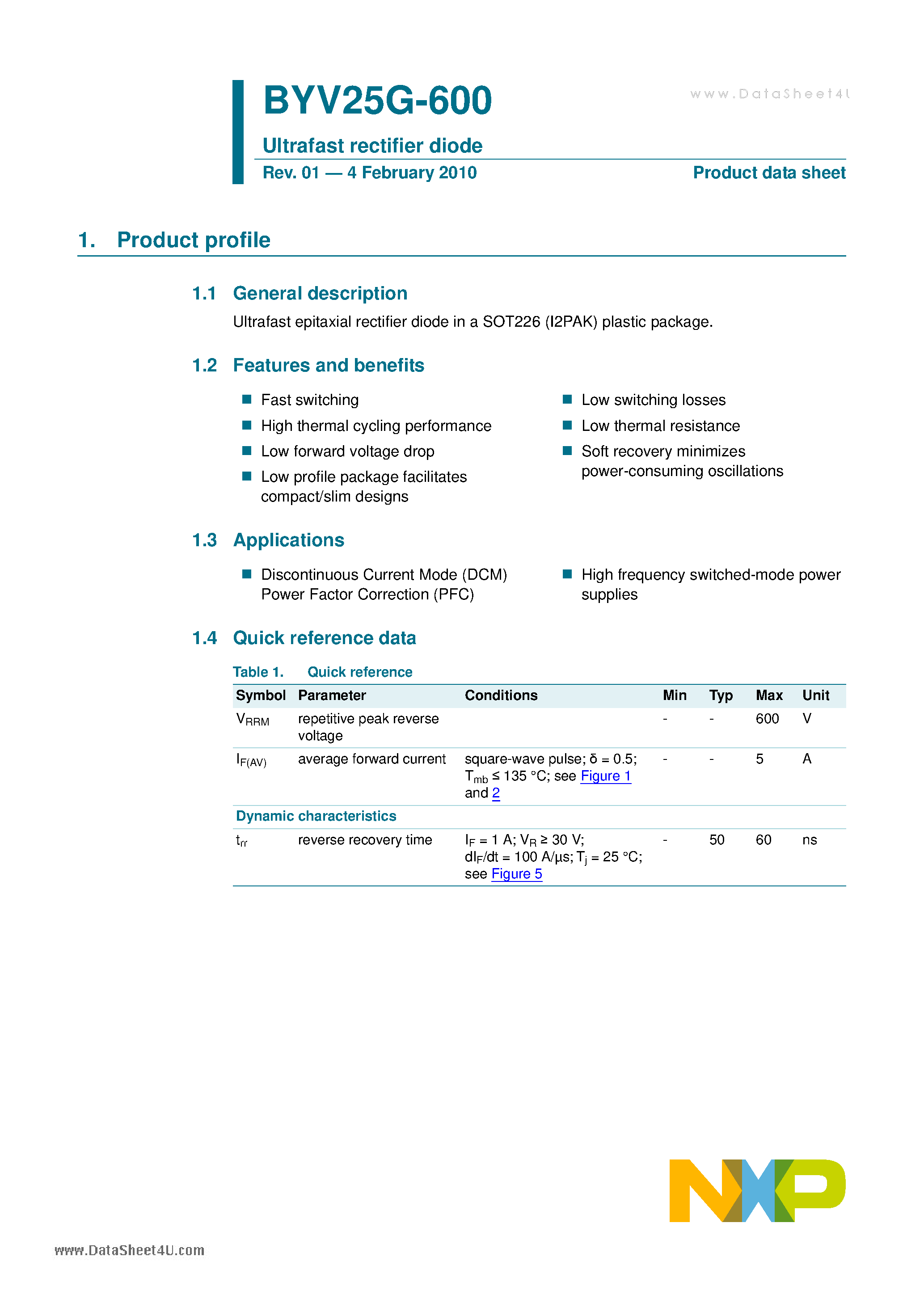 Datasheet BYV25G-600 page 1 Datasheet BYV25G-600 - Ultrafast Rectifier Diode page 1