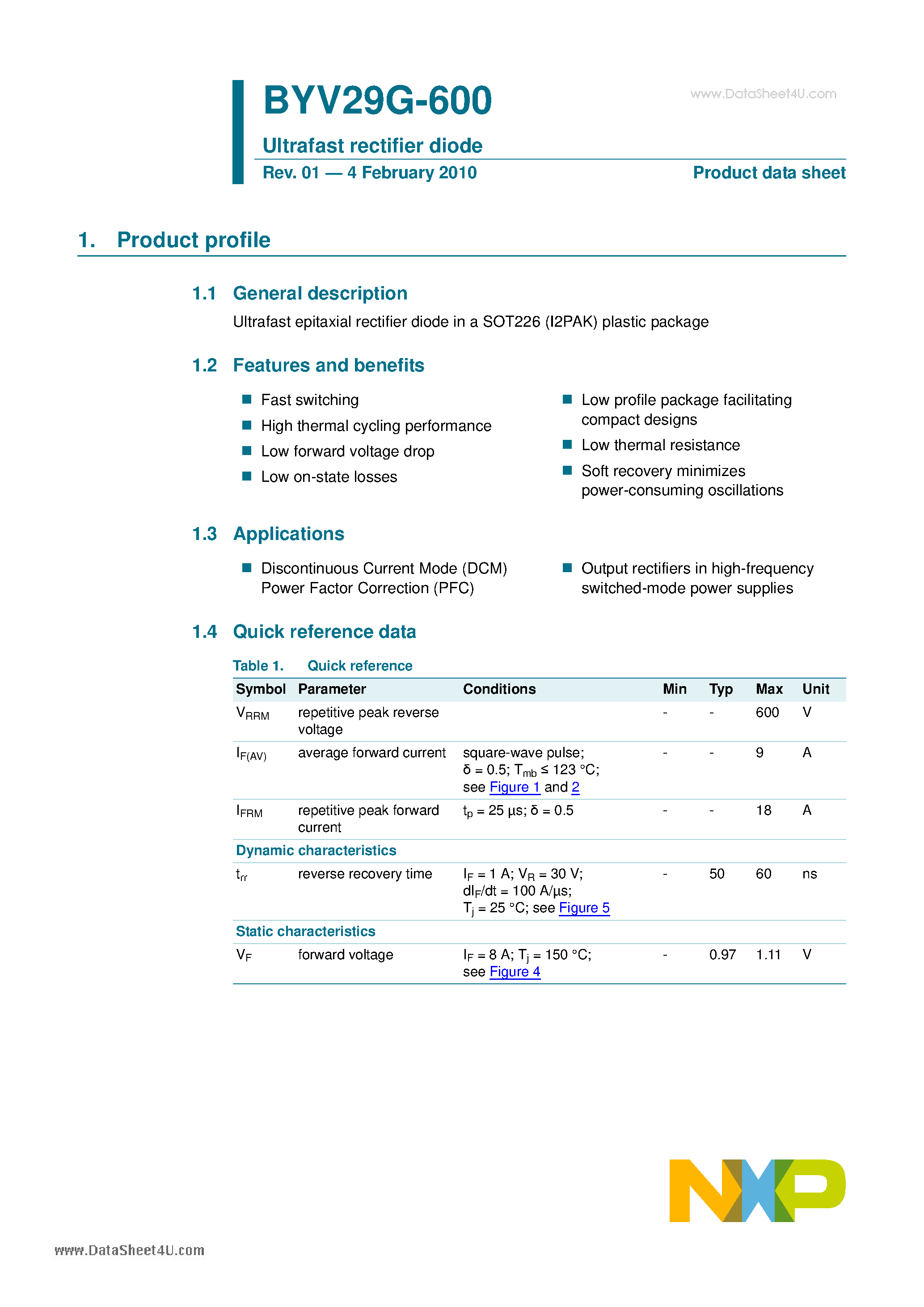 Datasheet BYV29G-600 page 1 Datasheet BYV29G-600 - Ultrafast Rectifier Diode page 1