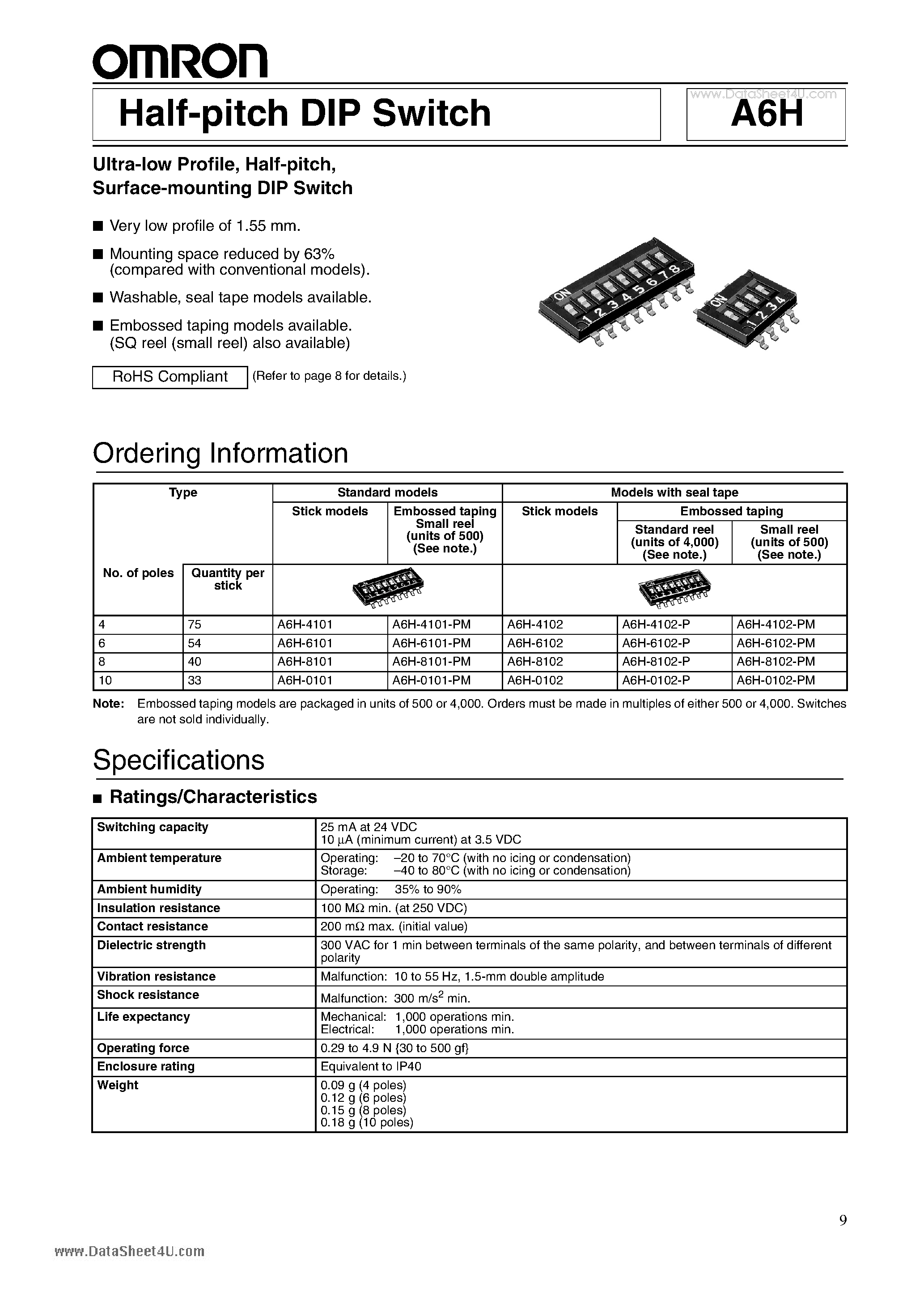 Даташит на микросхему A6H страница 1 Даташит A6H - Half-pitch DIP Switch страница 1