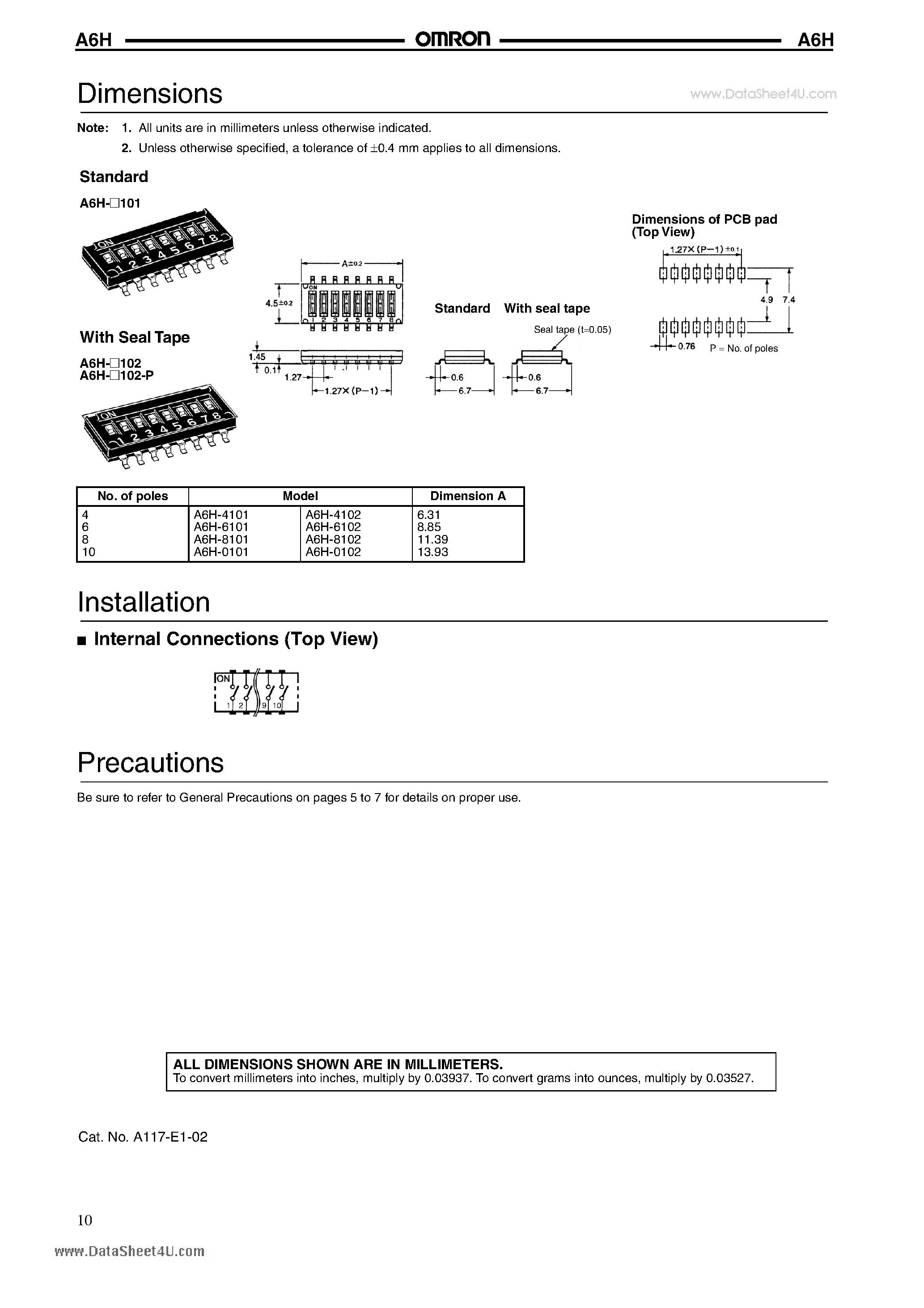 Даташит на микросхему A6H страница 2 Даташит A6H - Half-pitch DIP Switch страница 2