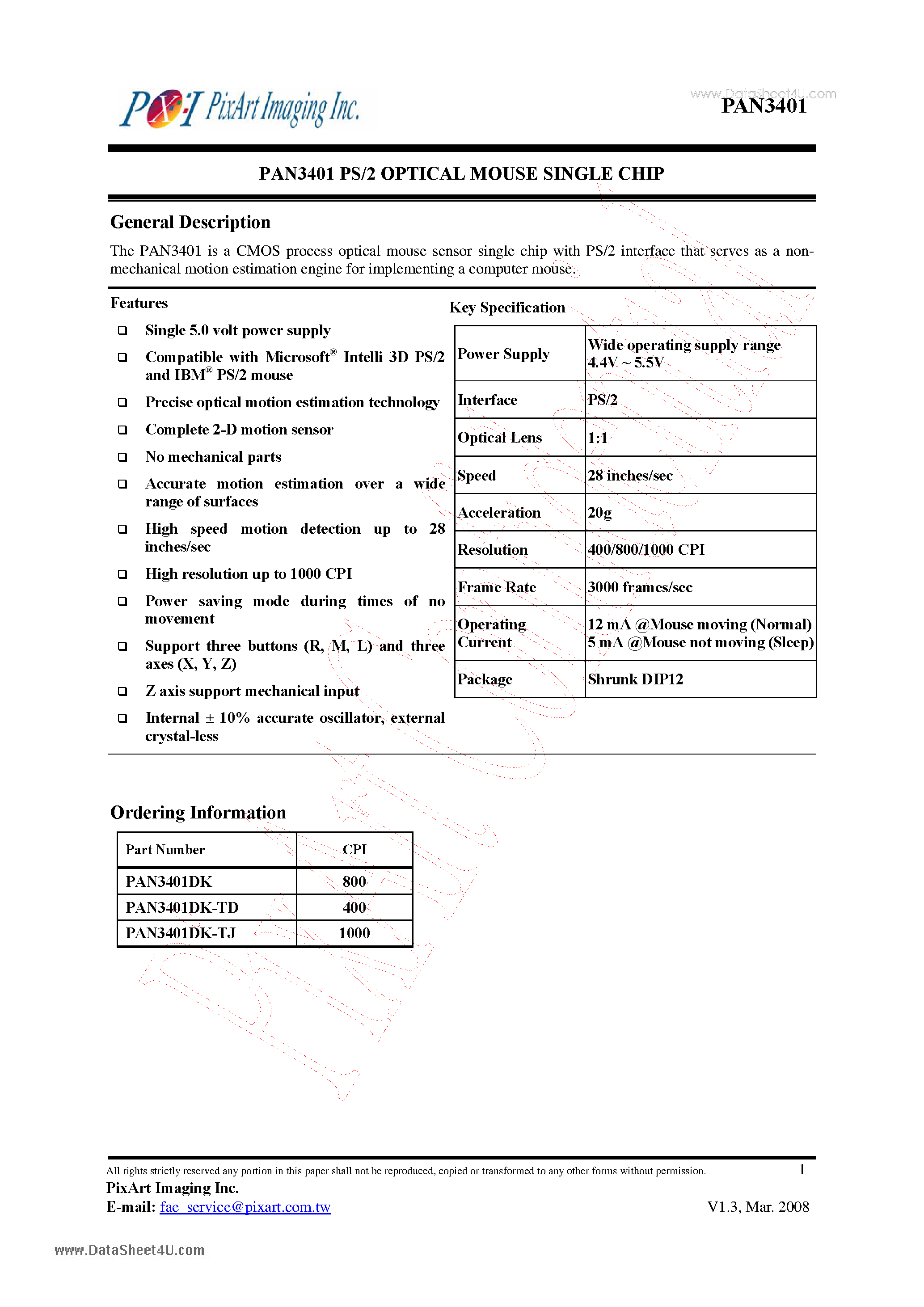 Datasheet PAN3401 - PS/2 OPTICAL MOUSE SINGLE CHIP page 1