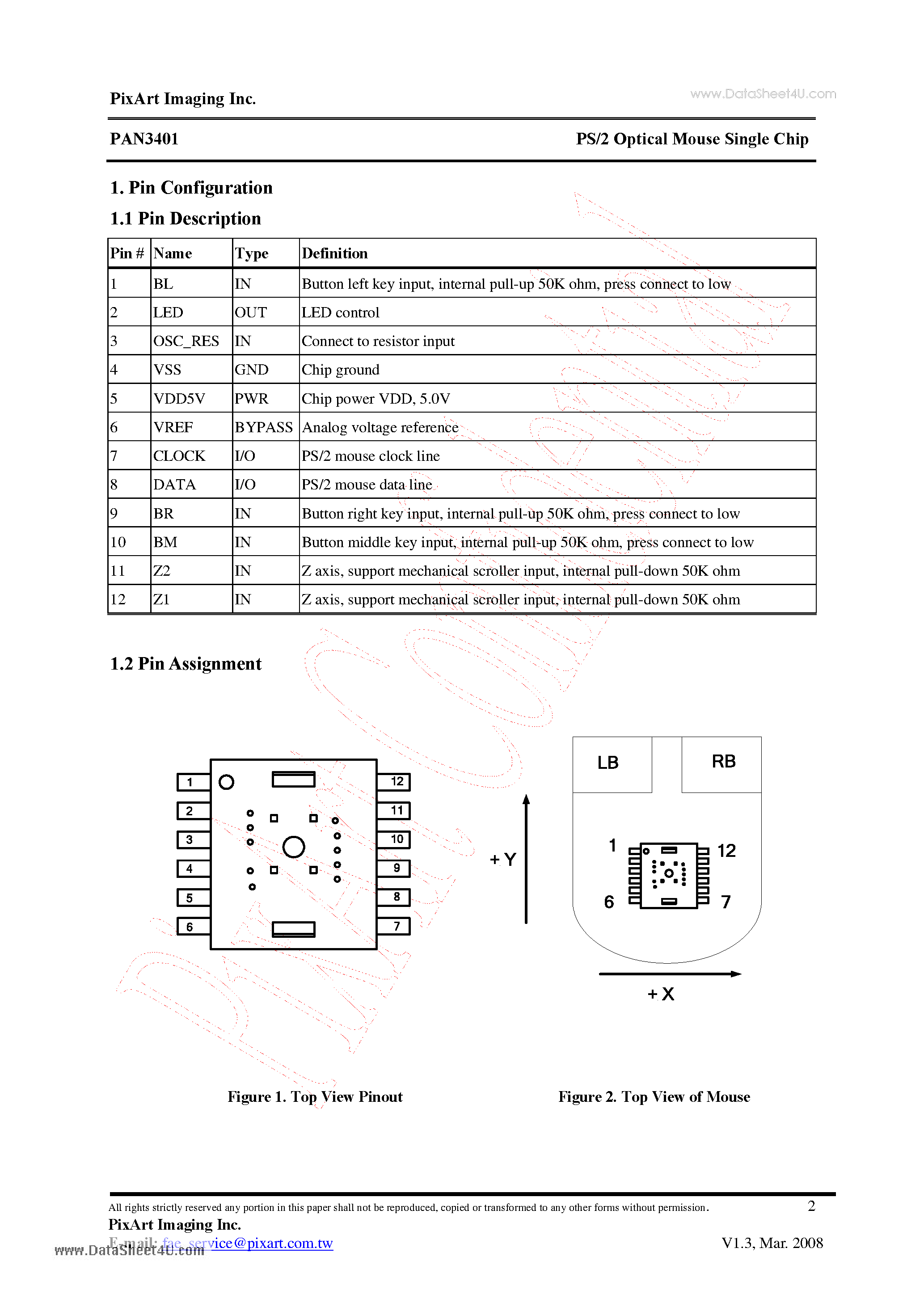 Datasheet PAN3401 - PS/2 OPTICAL MOUSE SINGLE CHIP page 2