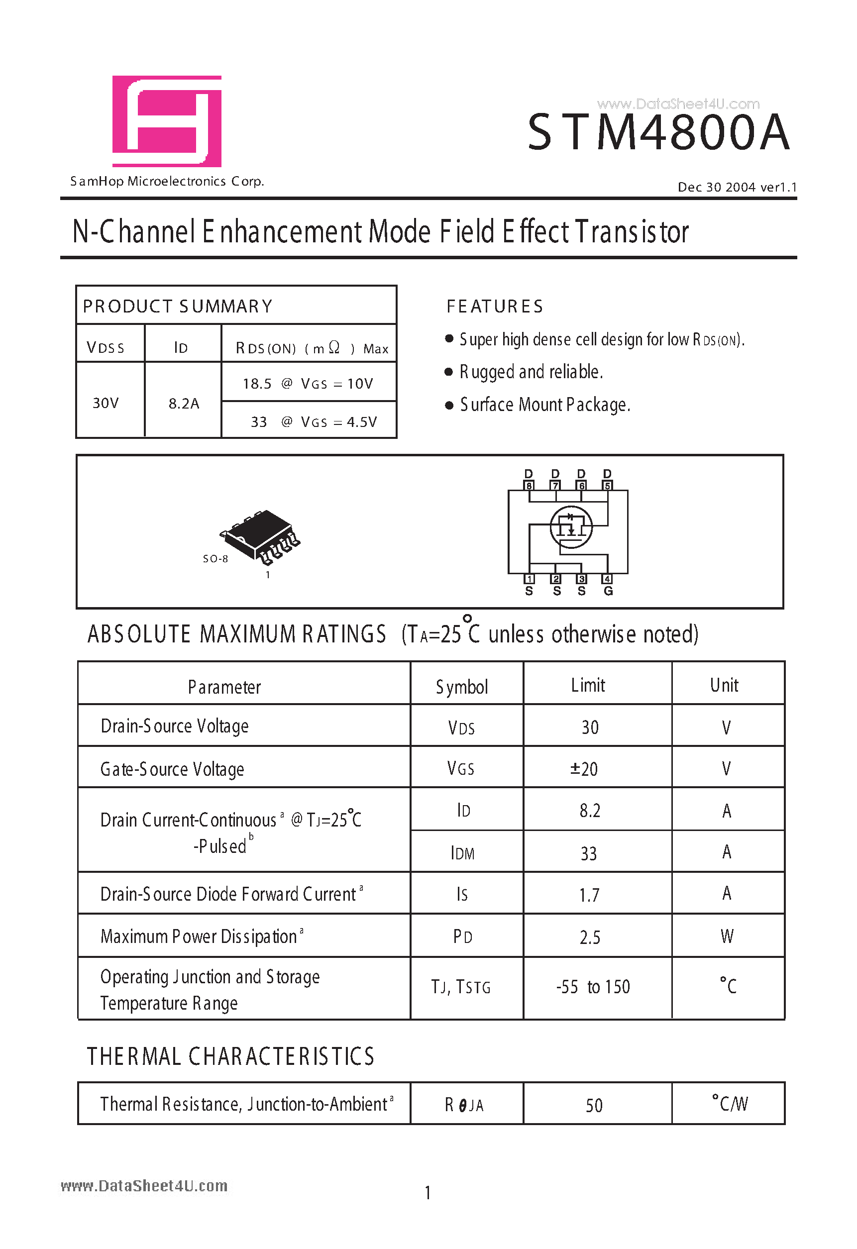 Datasheet STM4800A - N-Channel E nhancement Mode Field Effect Transistor page 1