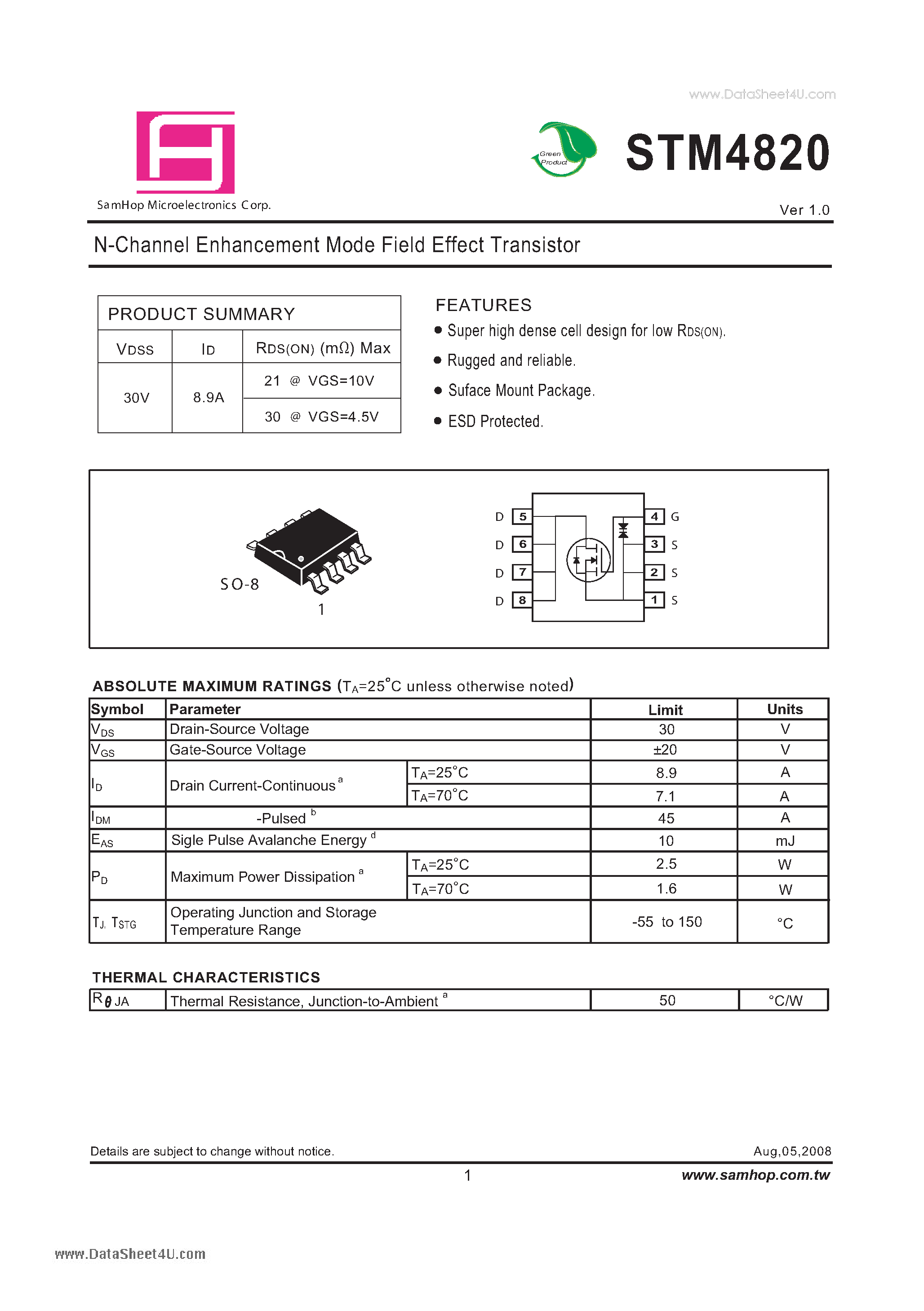 Datasheet STM4820 - N-Channel Enhancement Mode Field Effect Transistor page 1