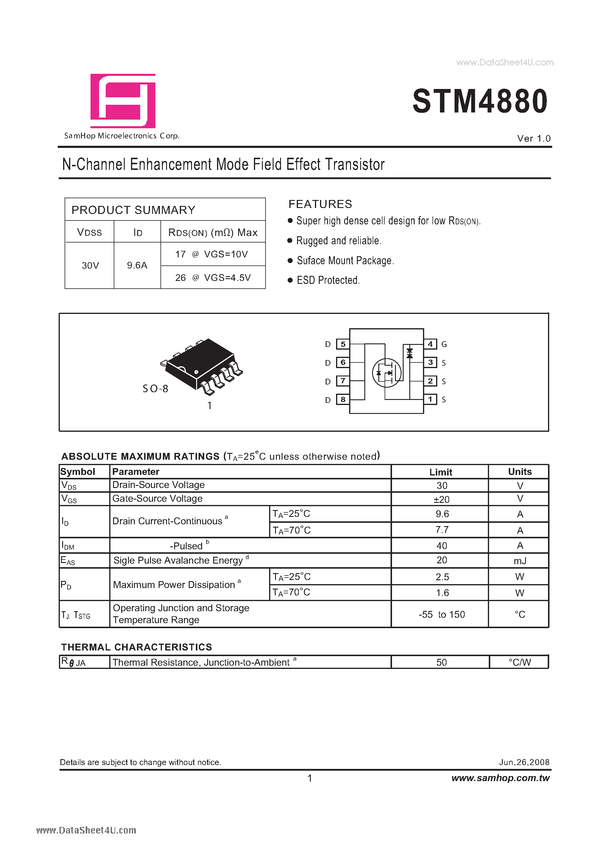 Datasheet STM4880 - N-Channel Enhancement Mode Field Effect Transistor page 1