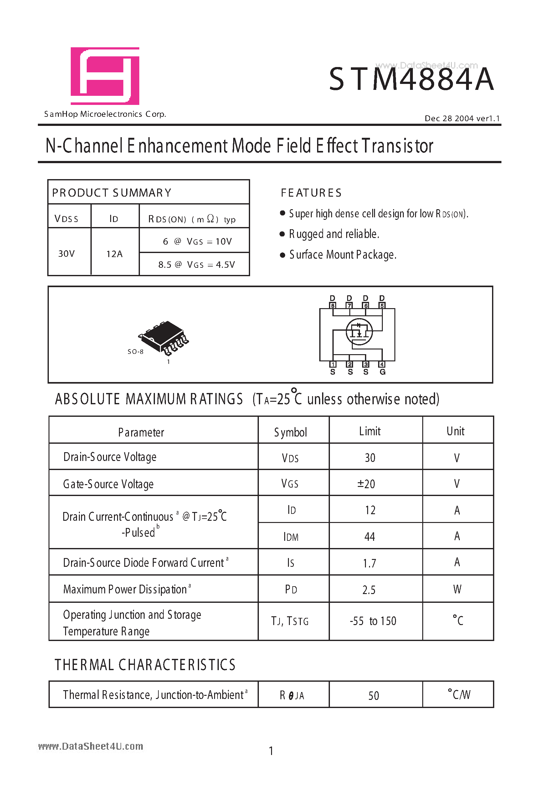 Datasheet STM4884A - N-Channel Enhancement Mode Field Effect Transistor page 1