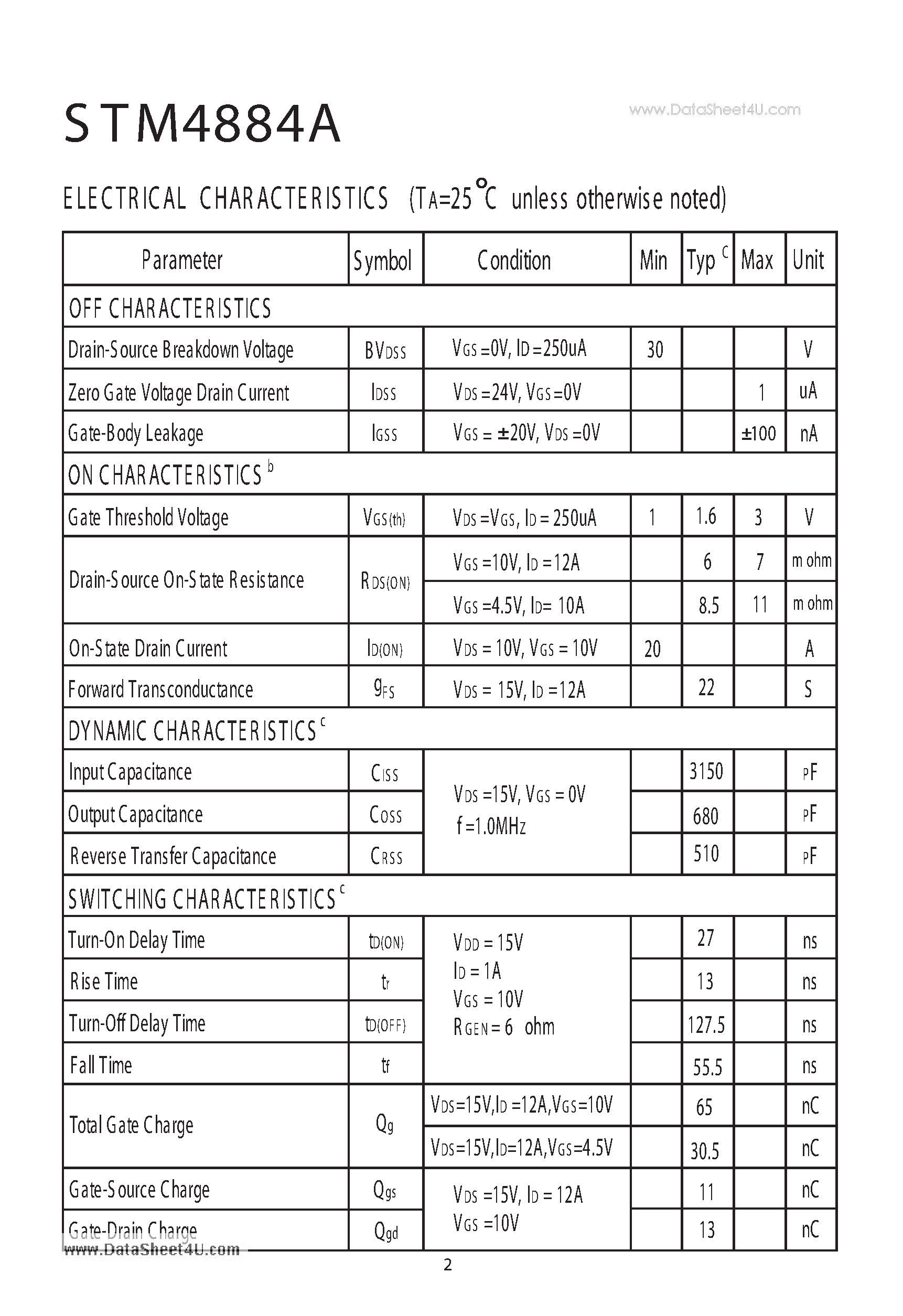 Datasheet STM4884A - N-Channel Enhancement Mode Field Effect Transistor page 2