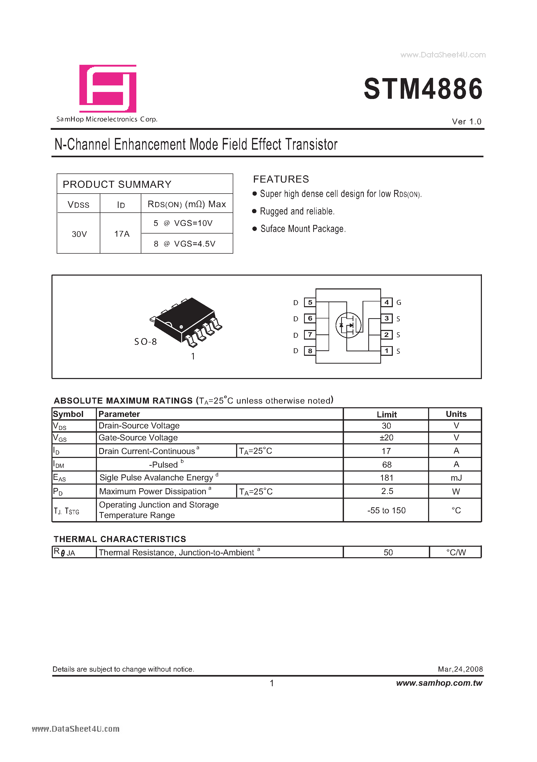 Datasheet STM4886 - N-Channel Enhancement Mode Field Effect Transistor page 1