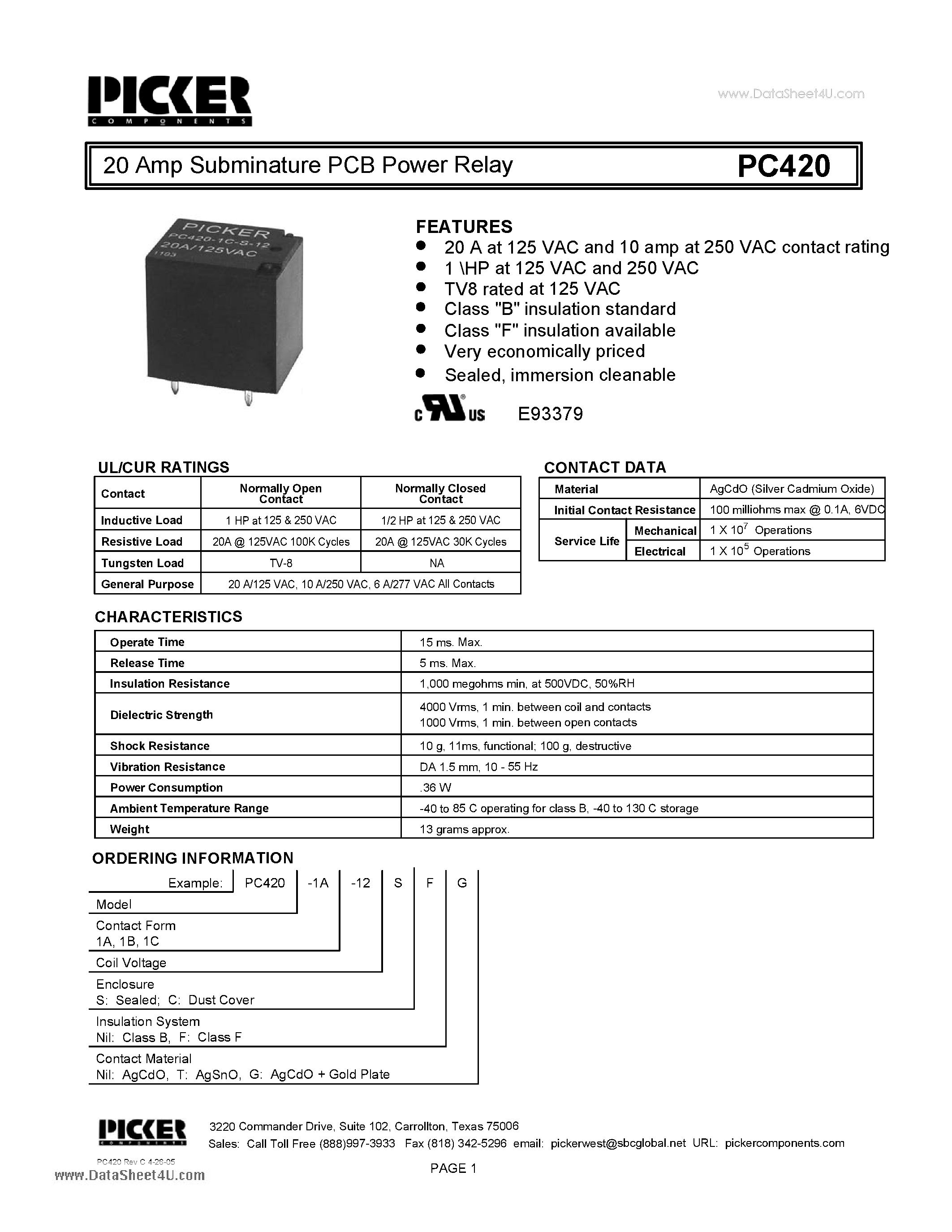 Datasheet PC420 - 20 Amp Subminature PCB Power Relay page 1
