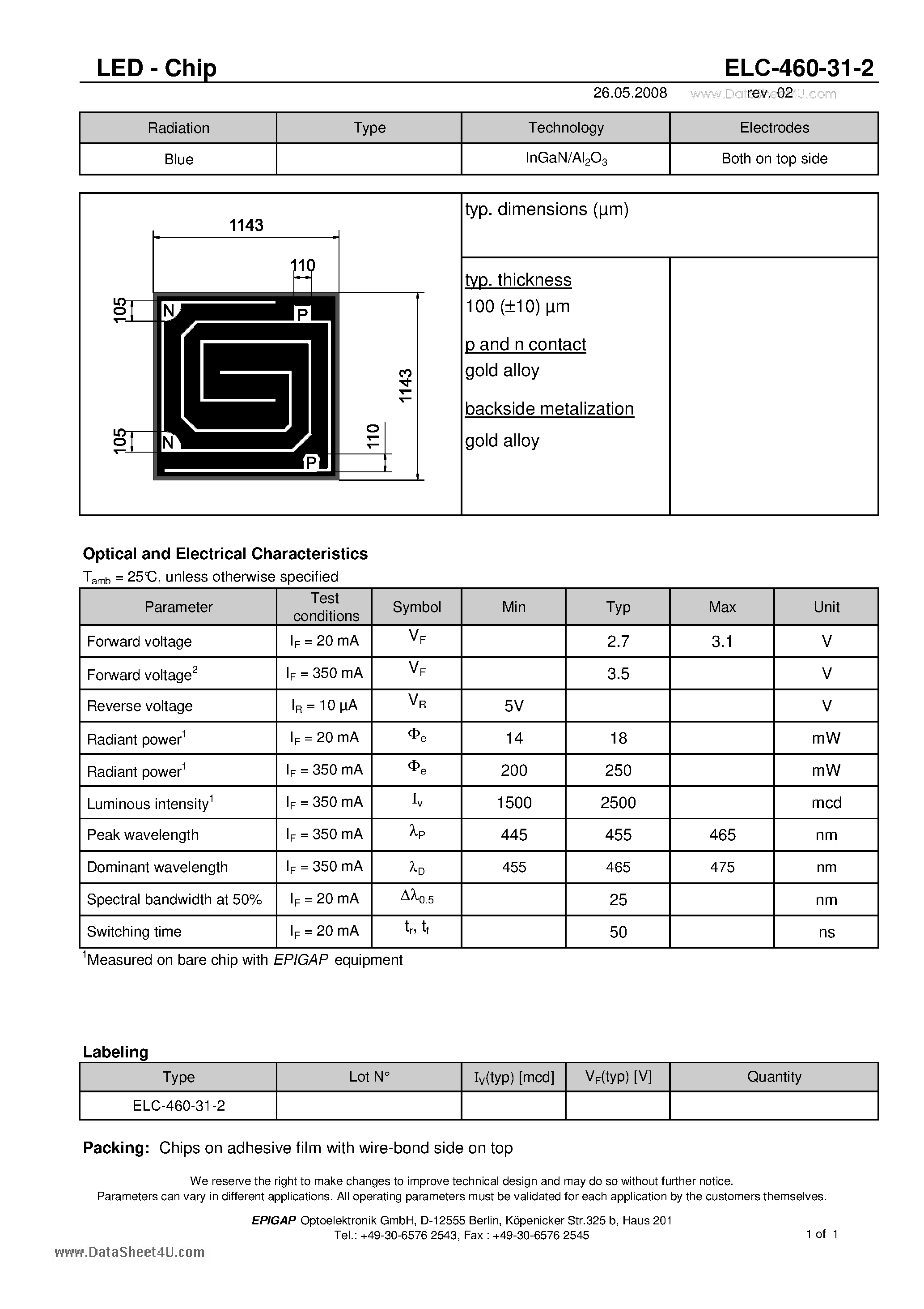 Datasheet ELC-460-31-2 - LED - Chip page 1