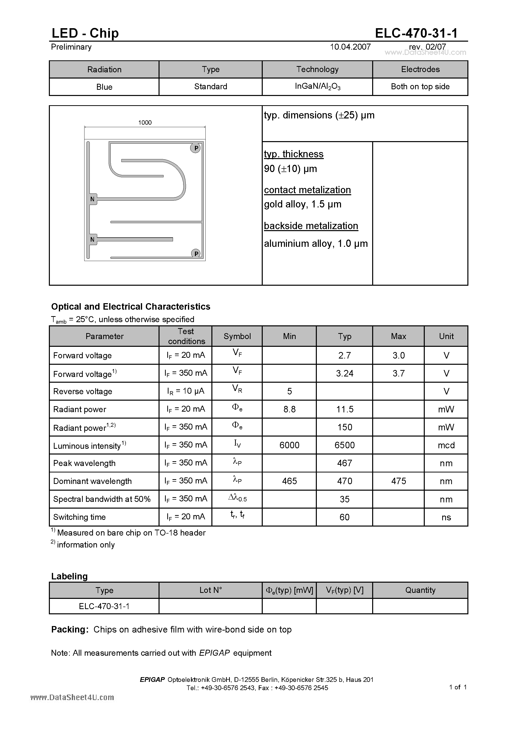 Даташит ELC-470-31-1 - LED - Chip страница 1