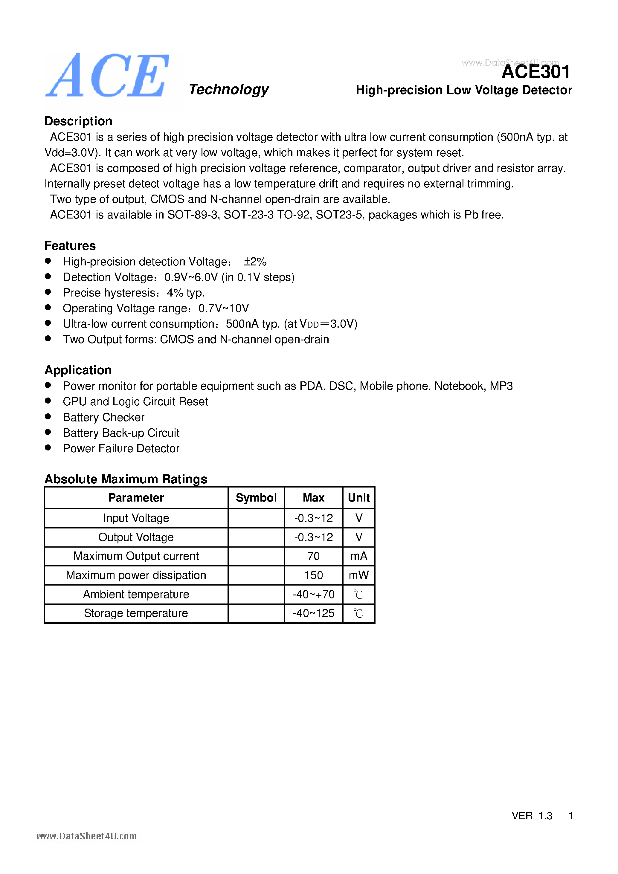 Datasheet ACE301 page 1 Datasheet ACE301 - High-precision Low Voltage Detector page 1