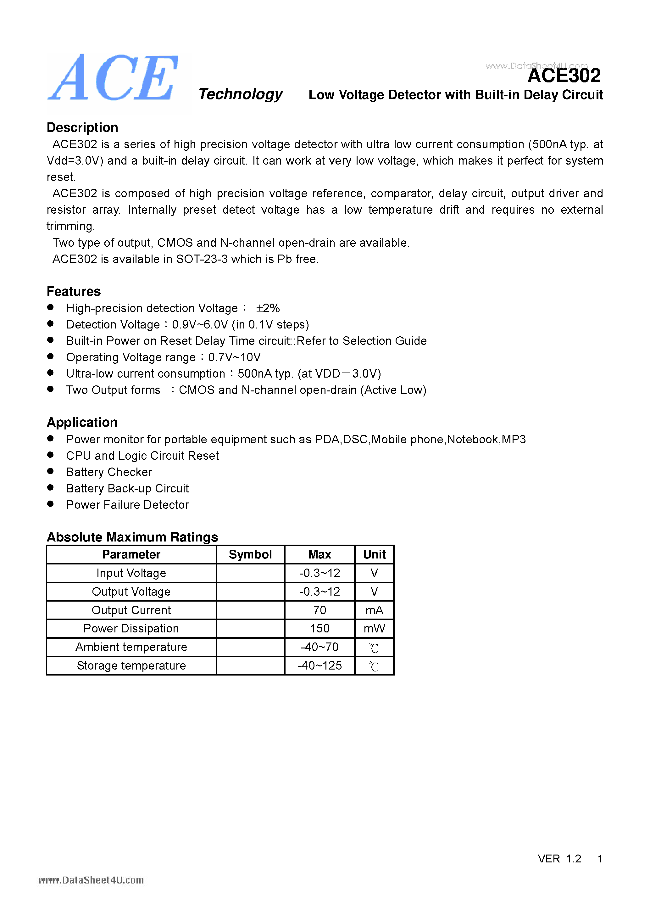 Datasheet ACE302 page 1 Datasheet ACE302 - Low Voltage Detector page 1