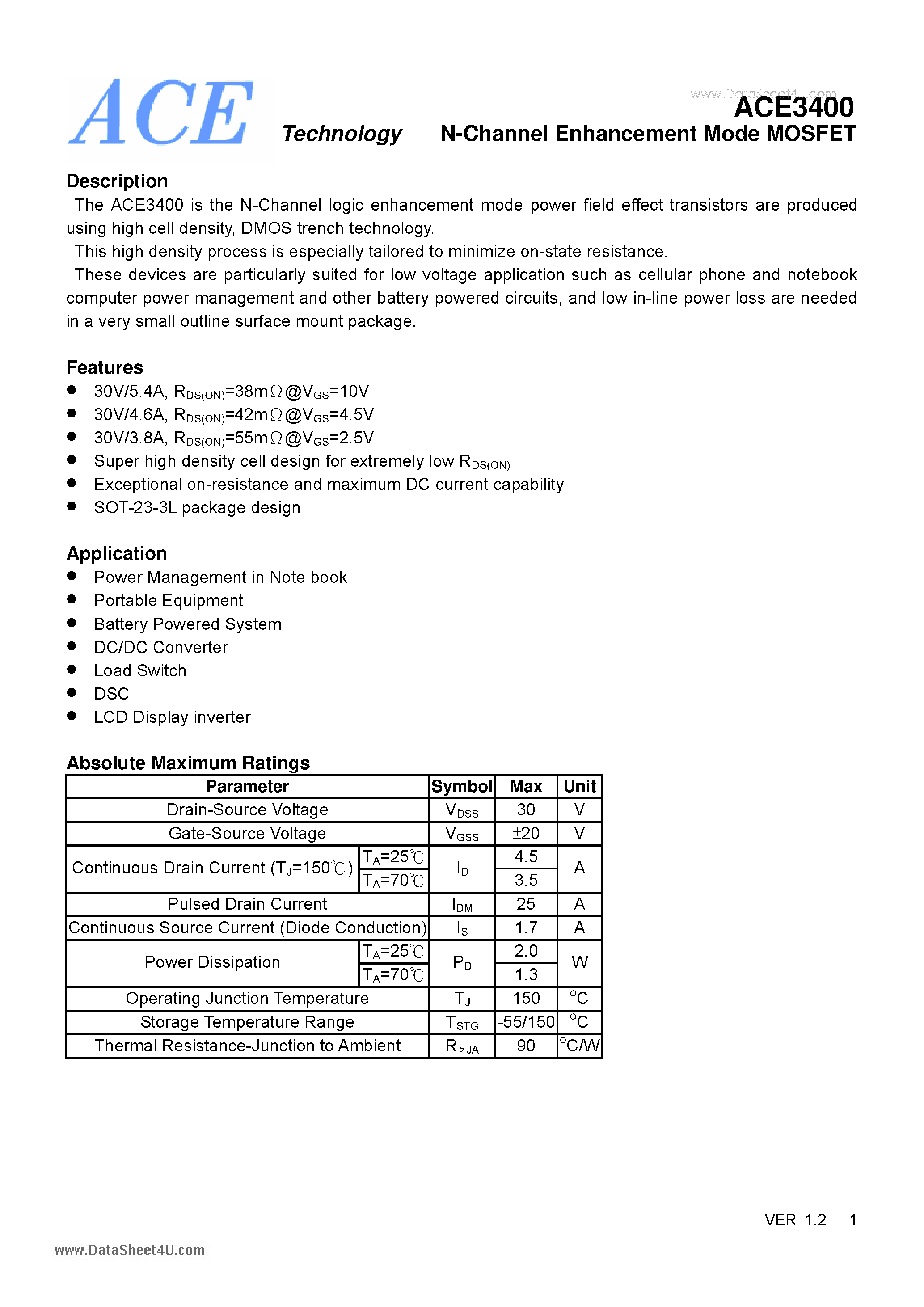 Datasheet ACE3400 page 1 Datasheet ACE3400 - N-Channel Enhancement Mode MOSFET page 1