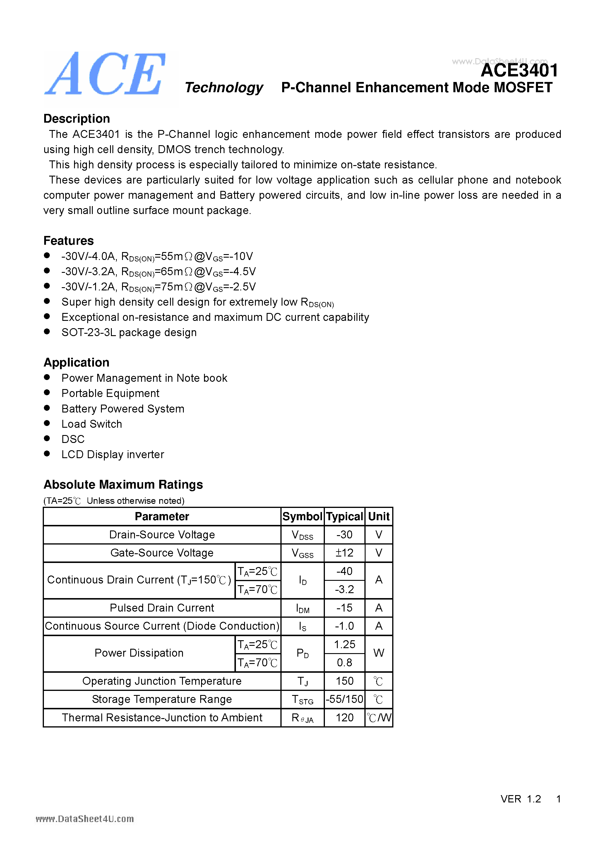 Datasheet ACE3401 page 1 Datasheet ACE3401 - P-Channel Enhancement Mode MOSFET page 1